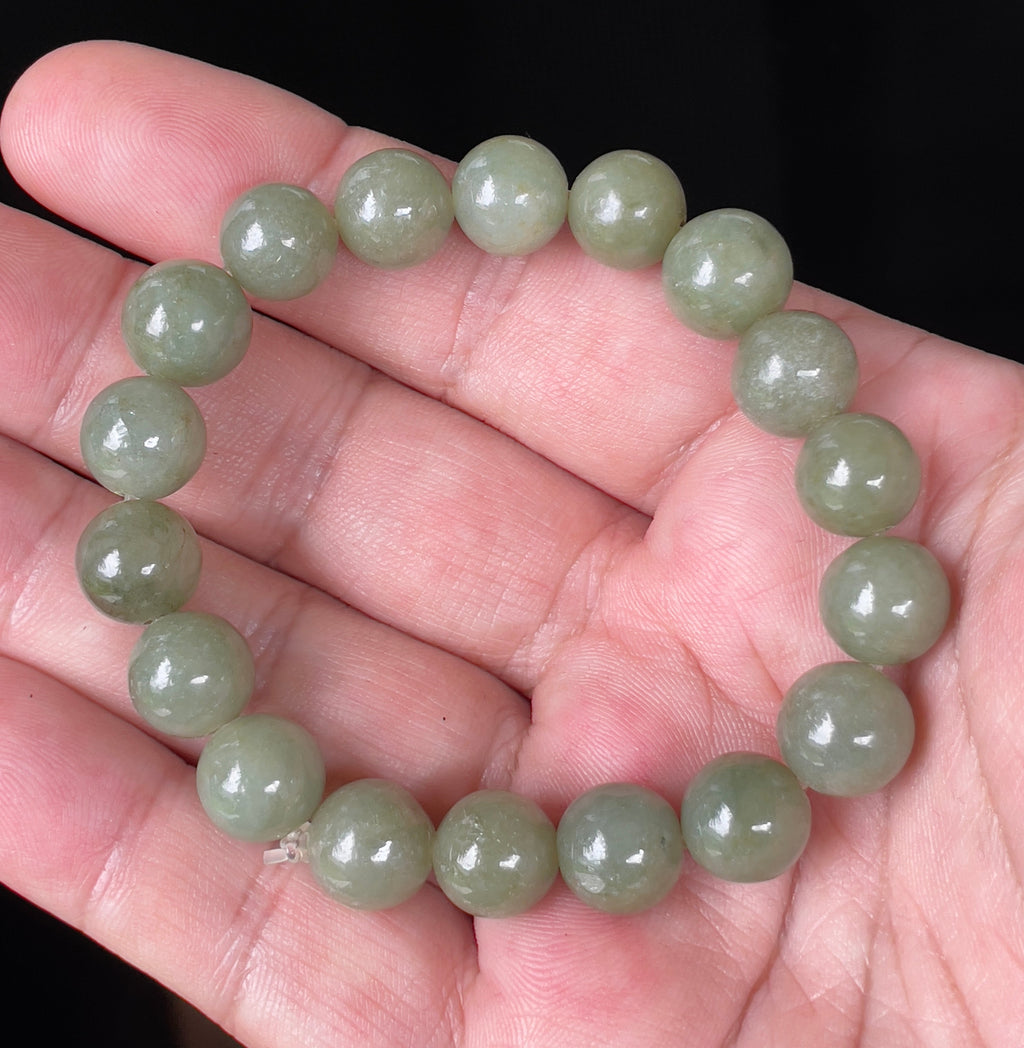 Natural Grade A Burmese Jadeite Jade Beaded Bracelet – Icy Apple Green – Hand-Shaped Round Beads – 10mm – JBB129
