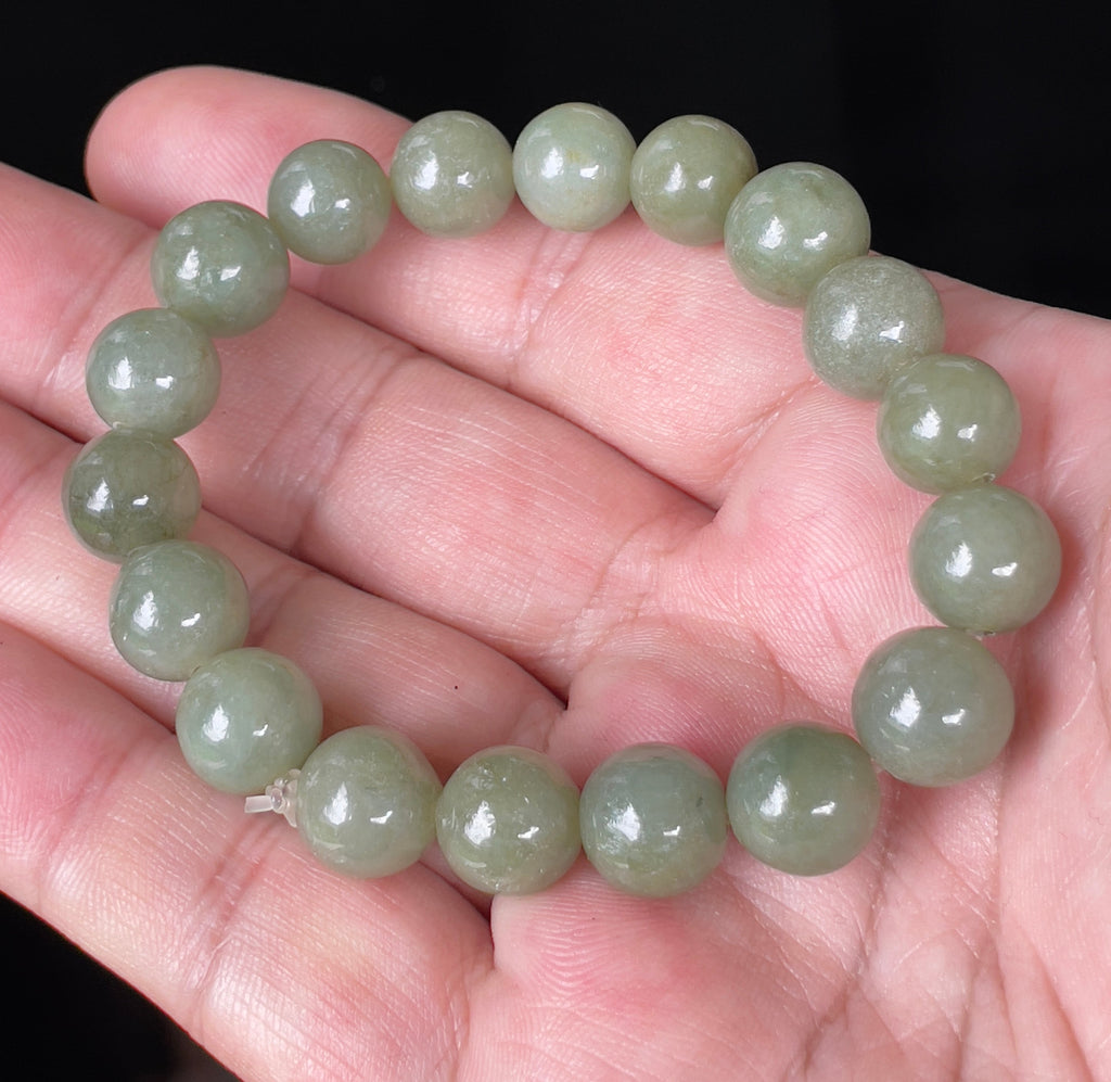Natural Grade A Burmese Jadeite Jade Beaded Bracelet – Icy Apple Green – Hand-Shaped Round Beads – 10mm – JBB129