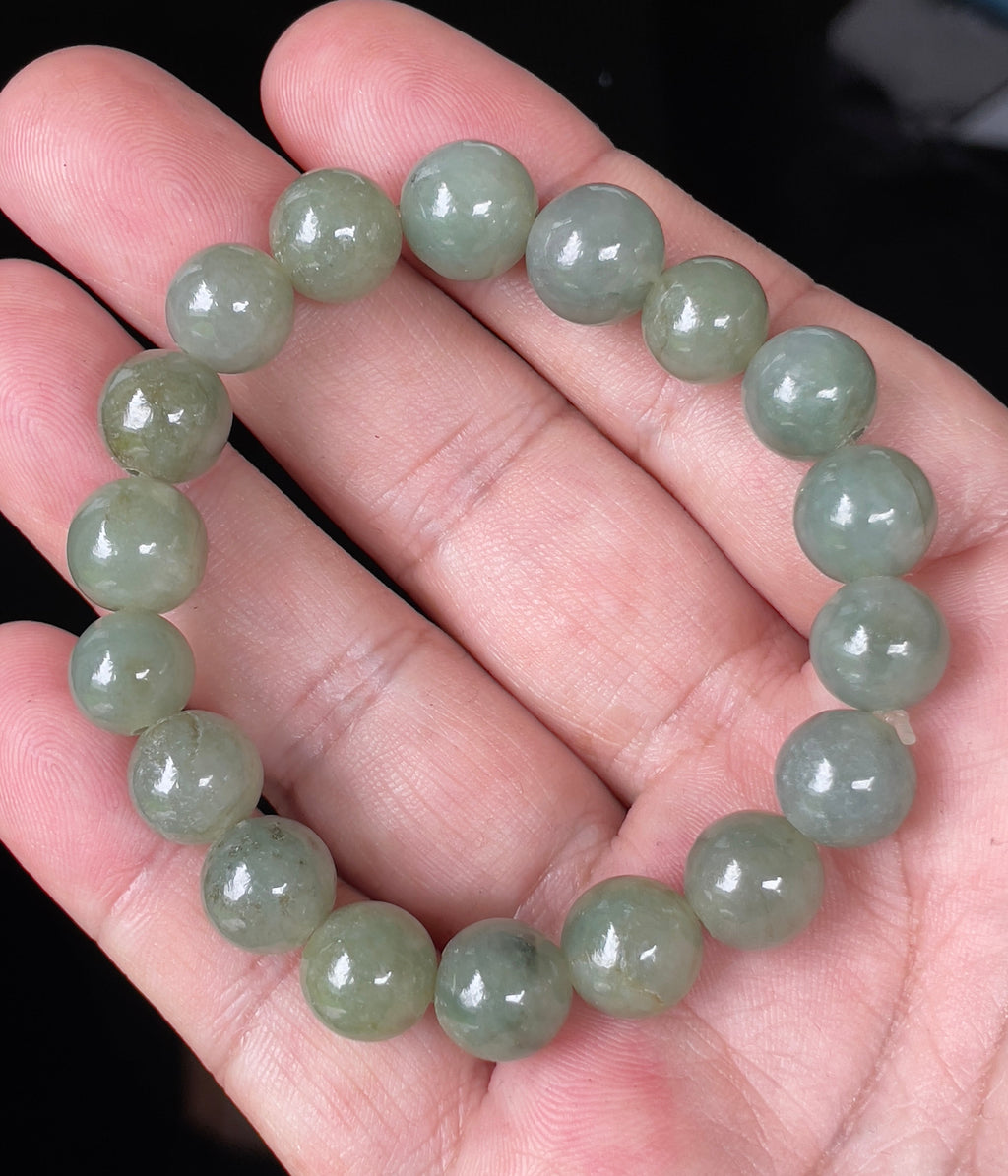 Natural Grade A Burmese Jadeite Jade Beaded Bracelet – Icy Apple Green – Hand-Shaped Round Beads – 10.3mm – JBB132
