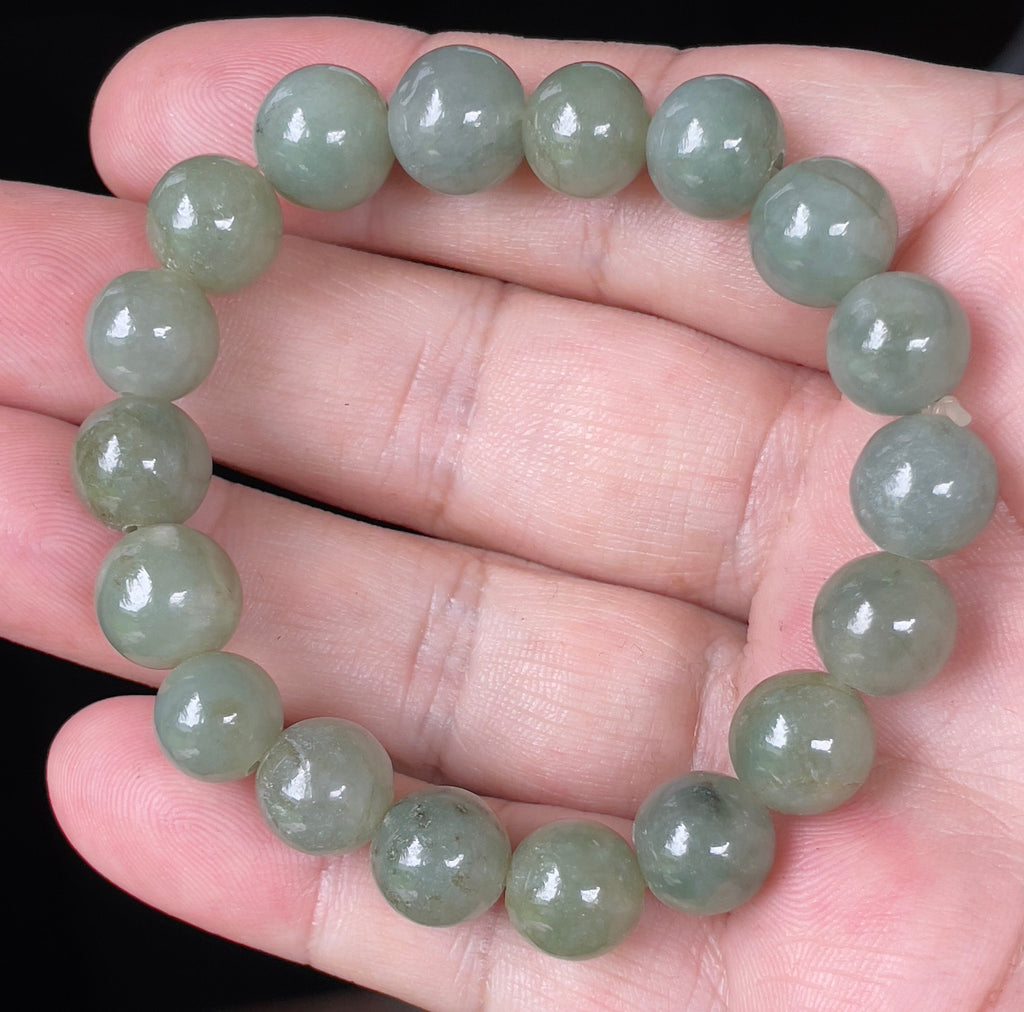 Natural Grade A Burmese Jadeite Jade Beaded Bracelet – Icy Apple Green – Hand-Shaped Round Beads – 10.3mm – JBB132
