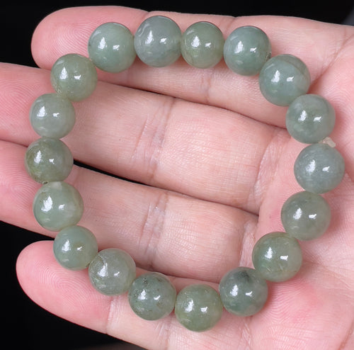Natural Grade A Burmese Jadeite Jade Beaded Bracelet – Icy Apple Green – Hand-Shaped Round Beads – 10.3mm – JBB132