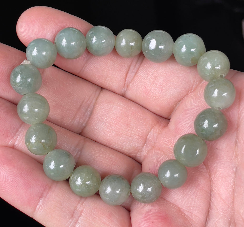 Natural Grade A Burmese Jadeite Jade Beaded Bracelet – Icy Apple Green – Hand-Shaped Round Beads – 10.3mm – JBB132
