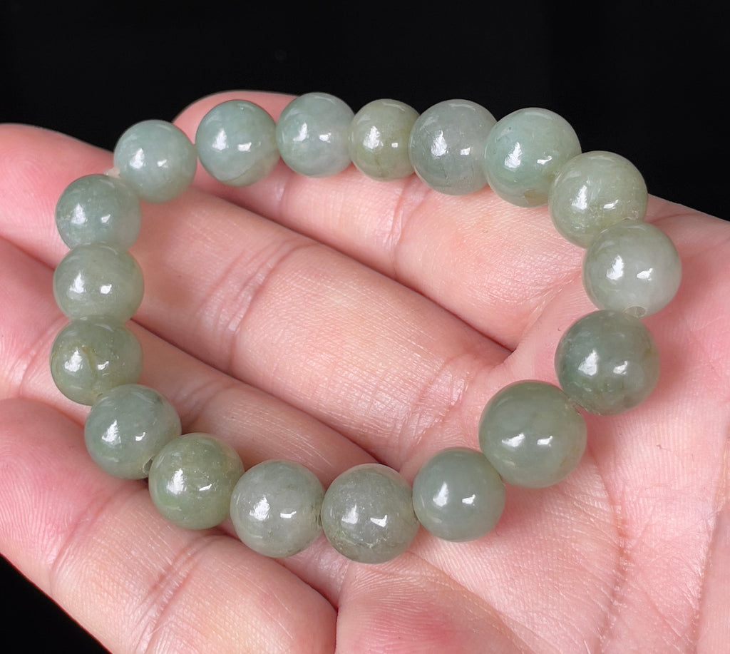Natural Grade A Burmese Jadeite Jade Beaded Bracelet – Icy Apple Green – Hand-Shaped Round Beads – 10.3mm – JBB132