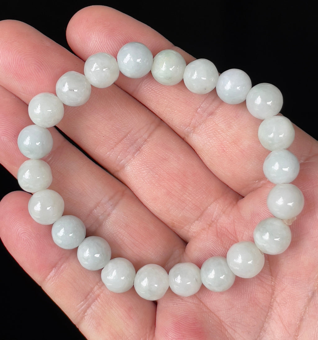 Natural Grade A Burmese Jadeite Jade Beaded Bracelet – Icy Apple Green & Milky White – Hand-Shaped Round Beads – 9.7mm – JBB134