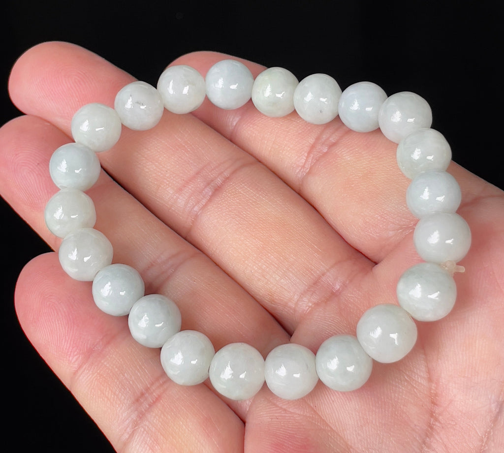 Natural Grade A Burmese Jadeite Jade Beaded Bracelet – Icy Apple Green & Milky White – Hand-Shaped Round Beads – 9.7mm – JBB134