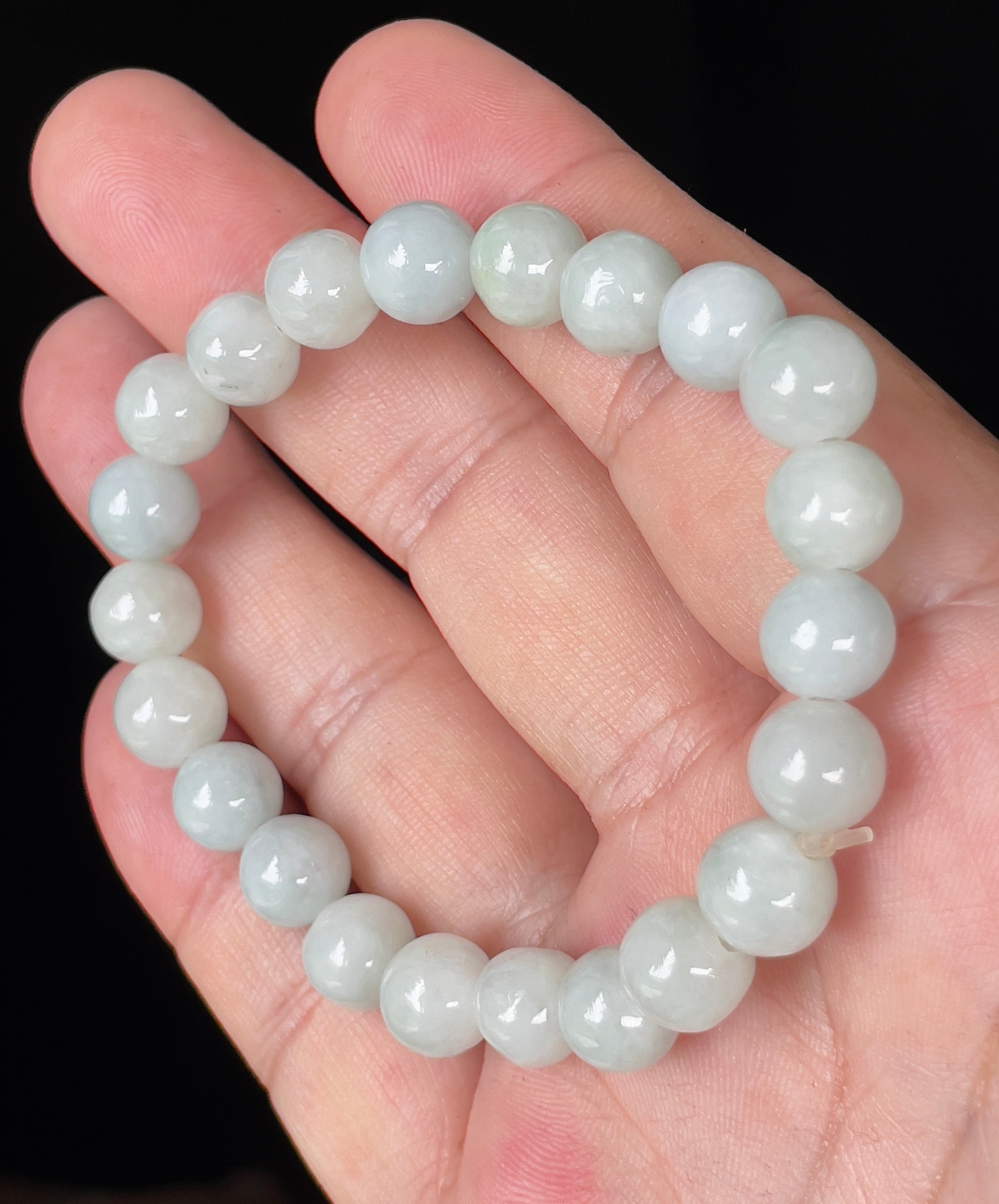 Natural Grade A Burmese Jadeite Jade Beaded Bracelet – Icy Apple Green & Milky White – Hand-Shaped Round Beads – 9.7mm – JBB134