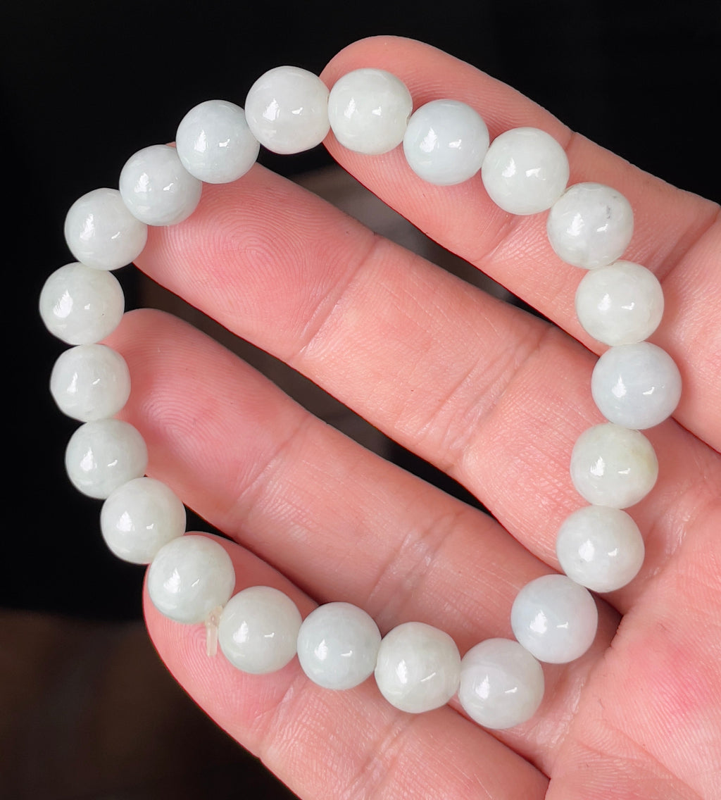 Natural Grade A Burmese Jadeite Jade Beaded Bracelet – Icy Apple Green & Milky White – Hand-Shaped Round Beads – 9.7mm – JBB134