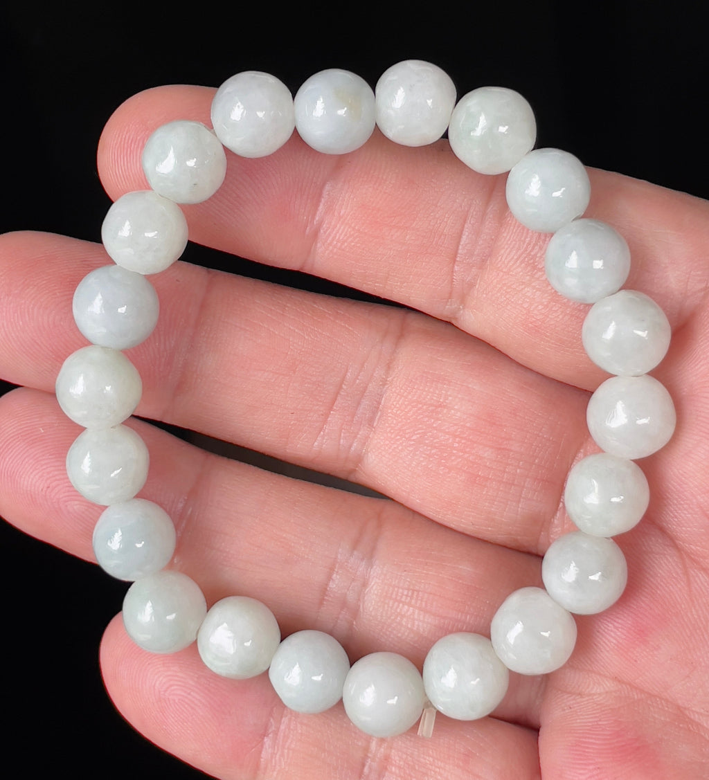 Natural Grade A Burmese Jadeite Jade Beaded Bracelet – Icy Apple Green & Milky White – Hand-Shaped Round Beads – 9.7mm – JBB134