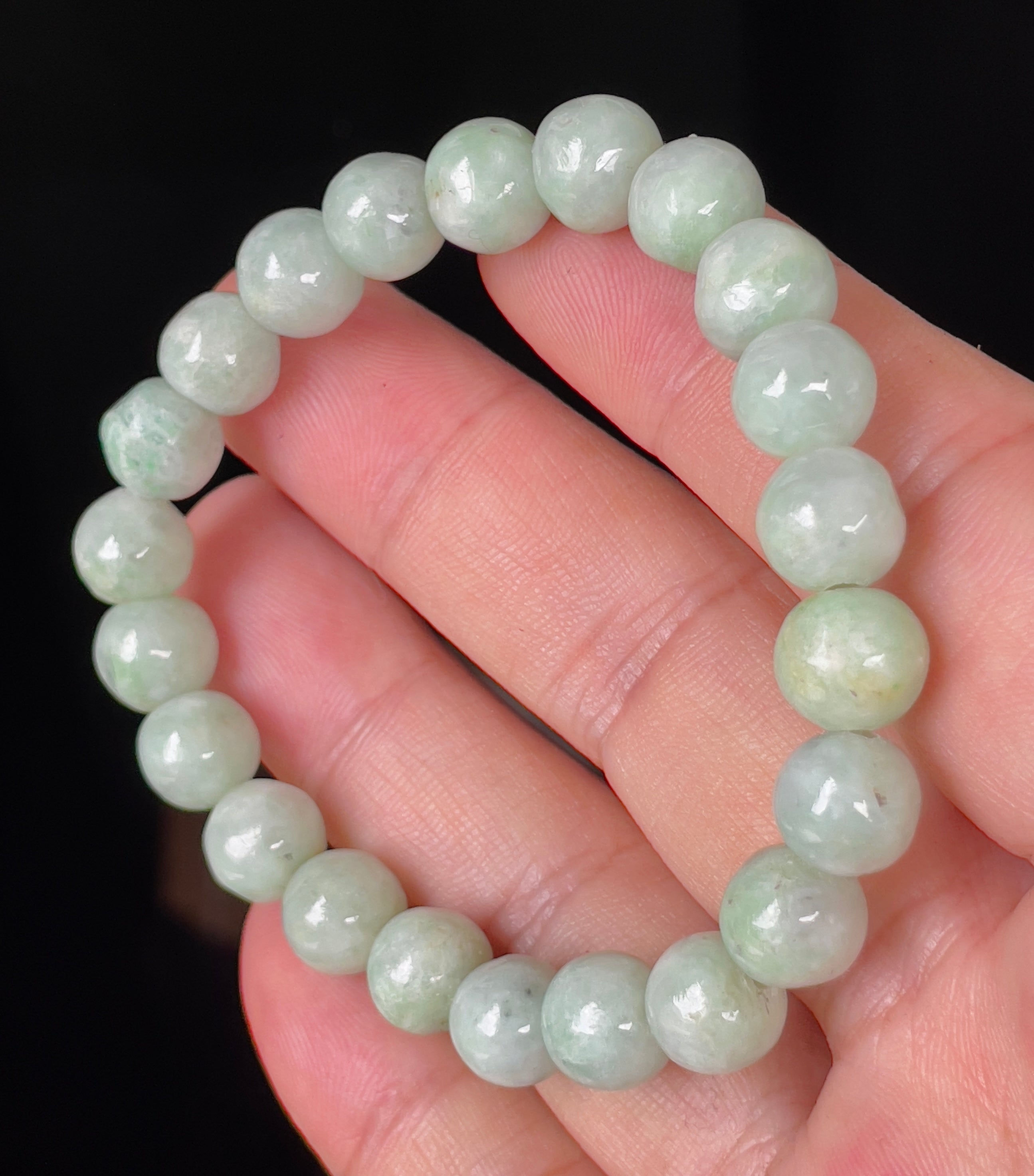 Natural Grade A Burmese Jadeite Jade Beaded Bracelet – Icy Apple Green & Milky White – Hand-Shaped Round Beads – 9.5mm – JBB135