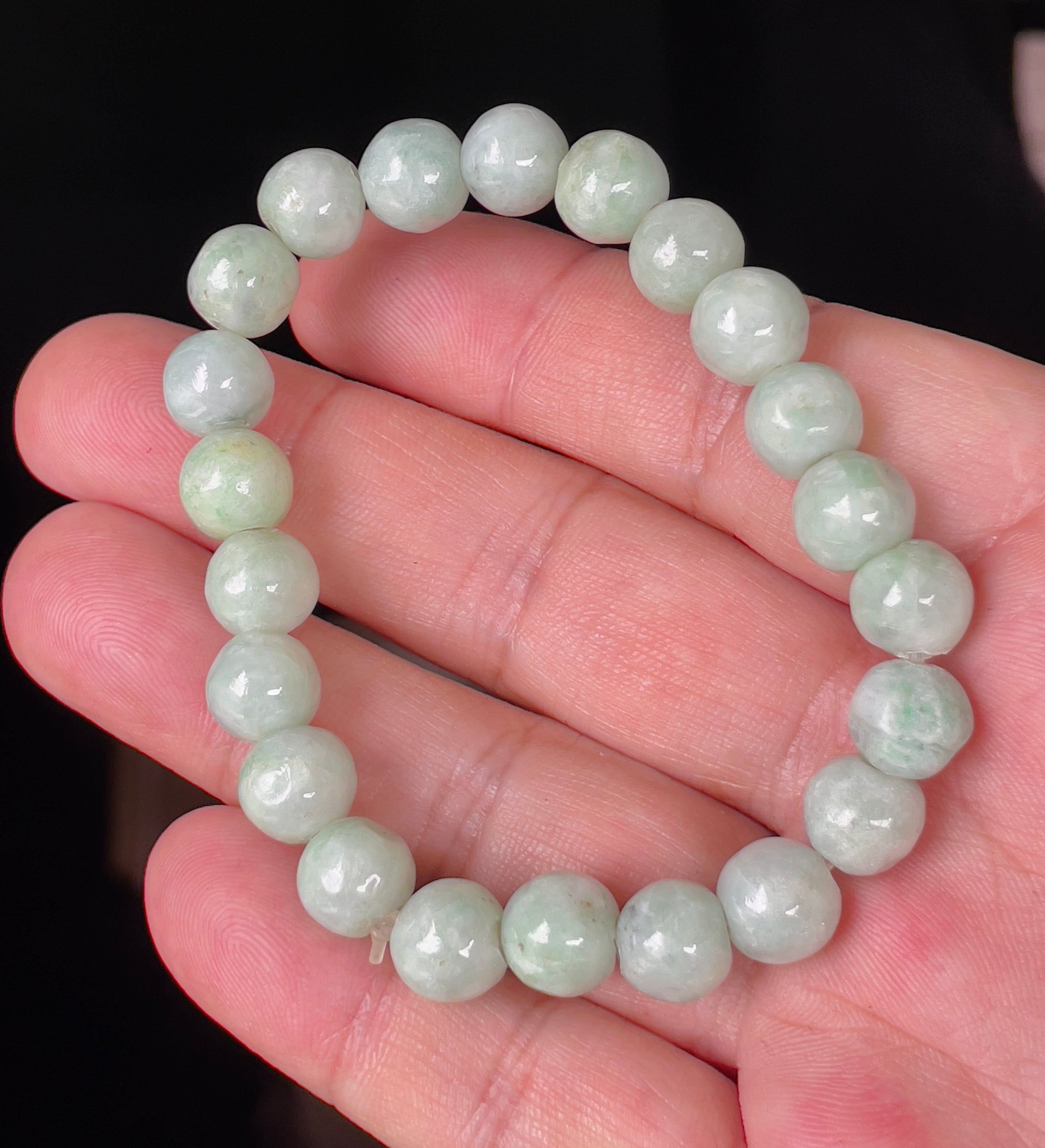 Natural Grade A Burmese Jadeite Jade Beaded Bracelet – Icy Apple Green & Milky White – Hand-Shaped Round Beads – 9.5mm – JBB135