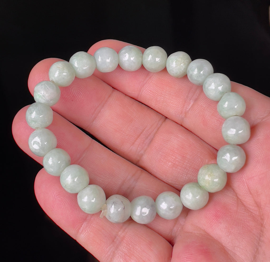 Natural Grade A Burmese Jadeite Jade Beaded Bracelet – Icy Apple Green & Milky White – Hand-Shaped Round Beads – 9.5mm – JBB135