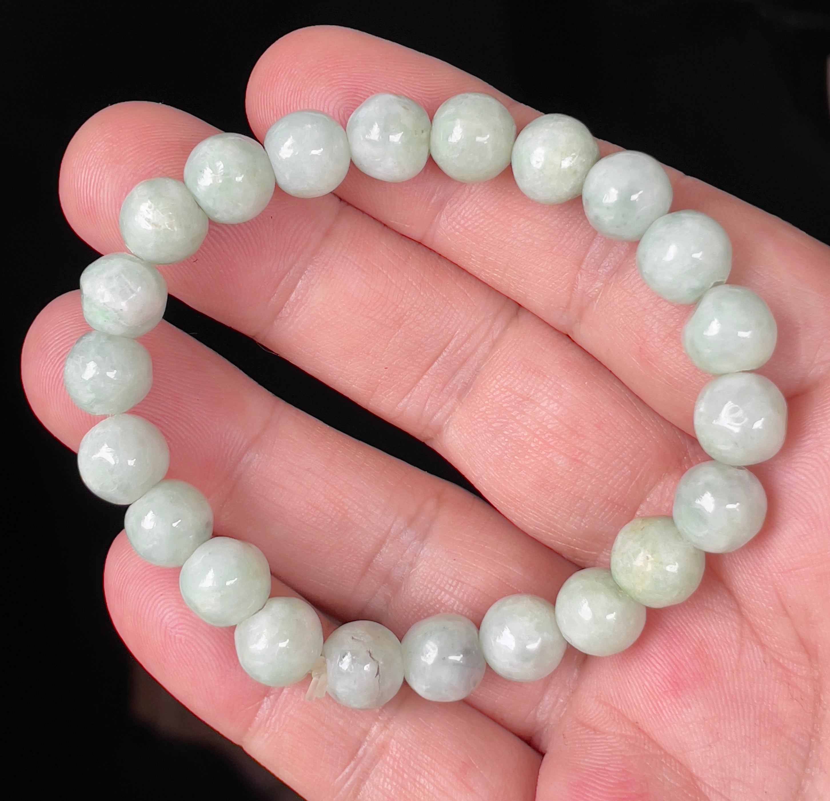 Natural Grade A Burmese Jadeite Jade Beaded Bracelet – Icy Apple Green & Milky White – Hand-Shaped Round Beads – 9.5mm – JBB135