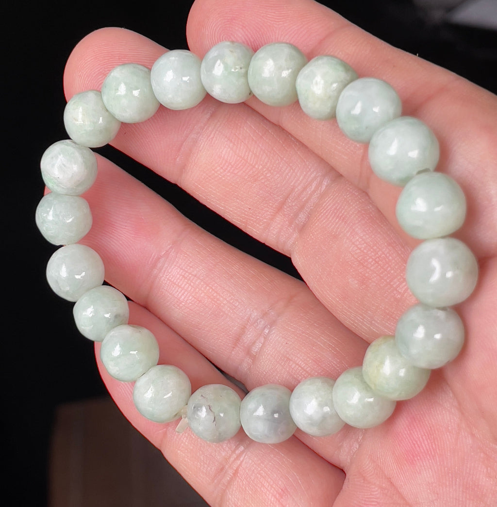 Natural Grade A Burmese Jadeite Jade Beaded Bracelet – Icy Apple Green & Milky White – Hand-Shaped Round Beads – 9.5mm – JBB135