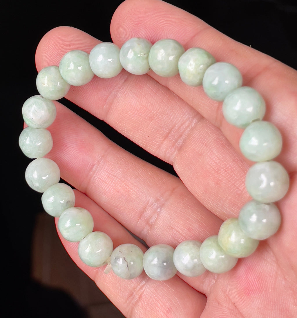 Natural Grade A Burmese Jadeite Jade Beaded Bracelet – Icy Apple Green & Milky White – Hand-Shaped Round Beads – 9.5mm – JBB135