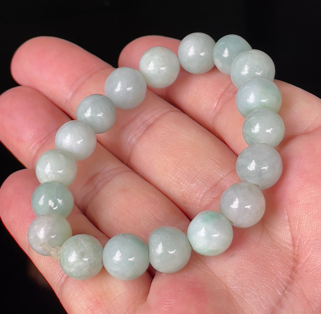 Natural Grade A Burmese Jadeite Jade Beaded Bracelet – Bluish Apple Green – Hand-Shaped Round Beads – 10.5mm – JBB136