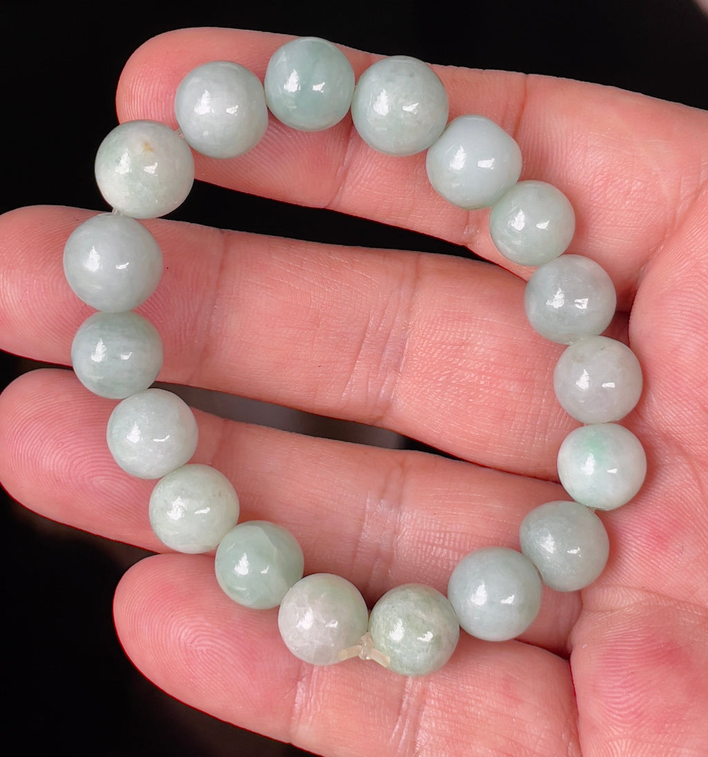 Natural Grade A Burmese Jadeite Jade Beaded Bracelet – Bluish Apple Green – Hand-Shaped Round Beads – 10.5mm – JBB136