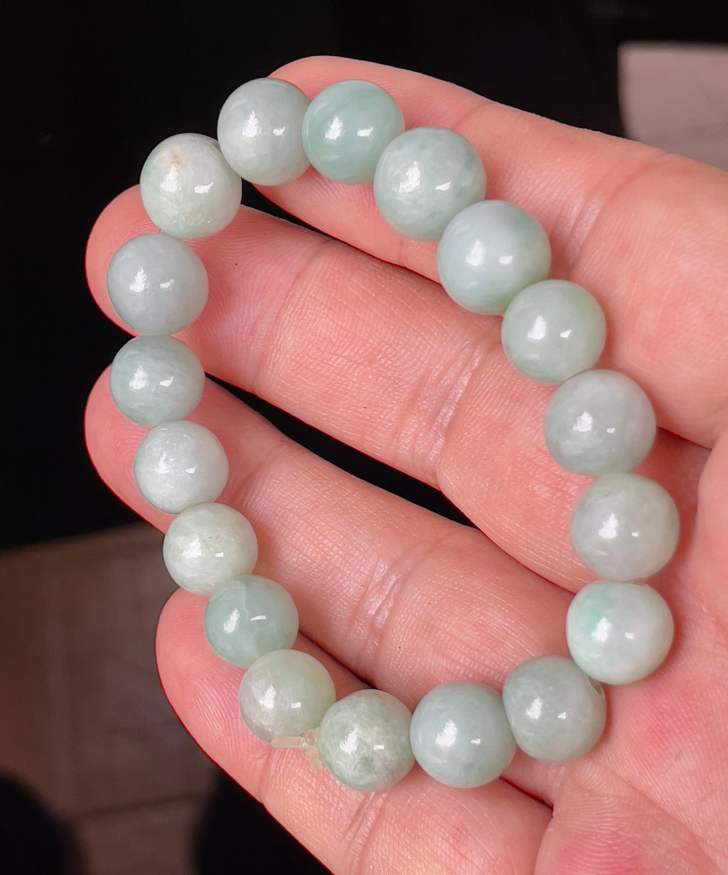 Natural Grade A Burmese Jadeite Jade Beaded Bracelet – Bluish Apple Green – Hand-Shaped Round Beads – 10.5mm – JBB136