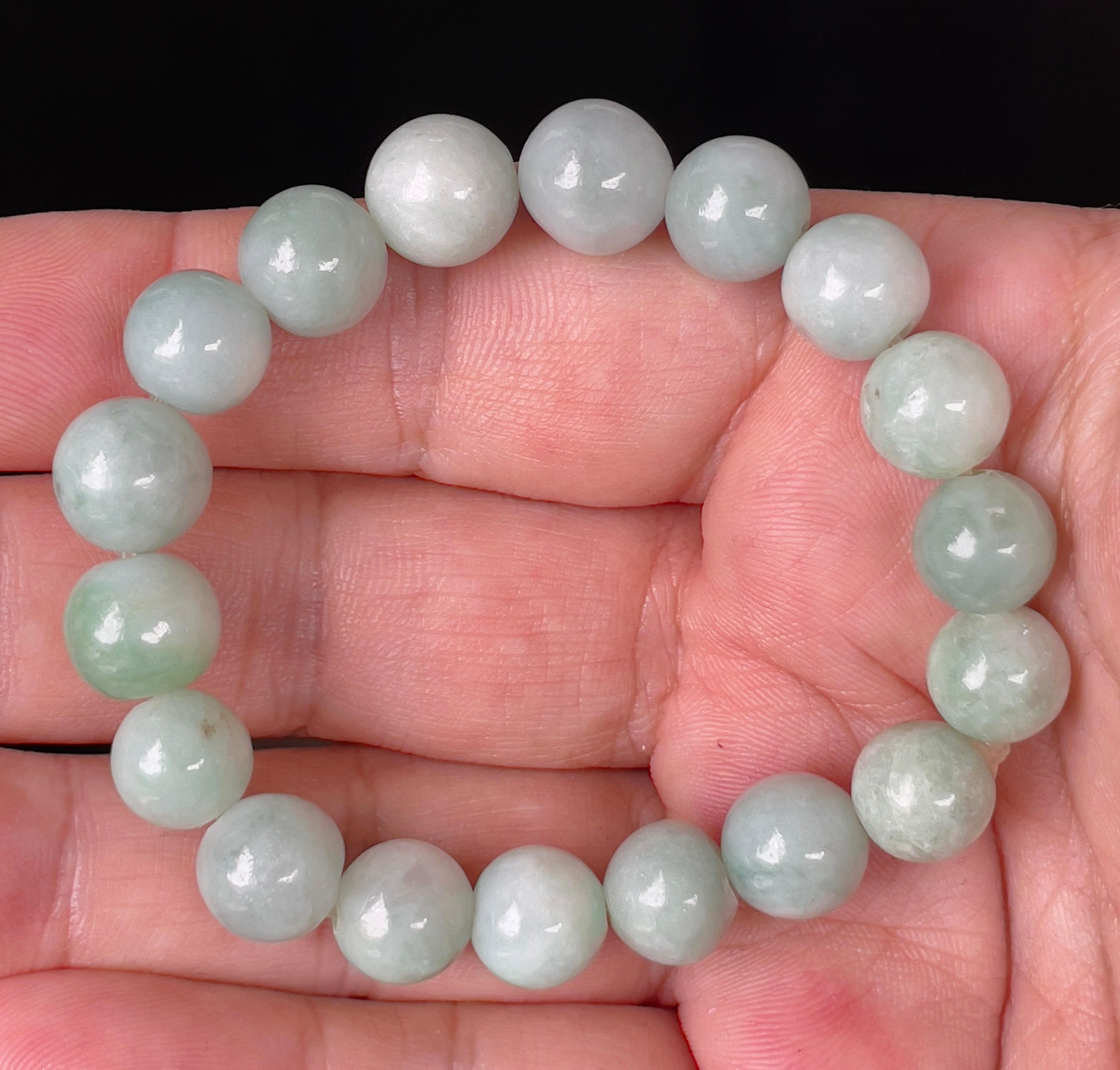 Natural Grade A Burmese Jadeite Jade Beaded Bracelet – Bluish Apple Green – Hand-Shaped Round Beads – 10.5mm – JBB136