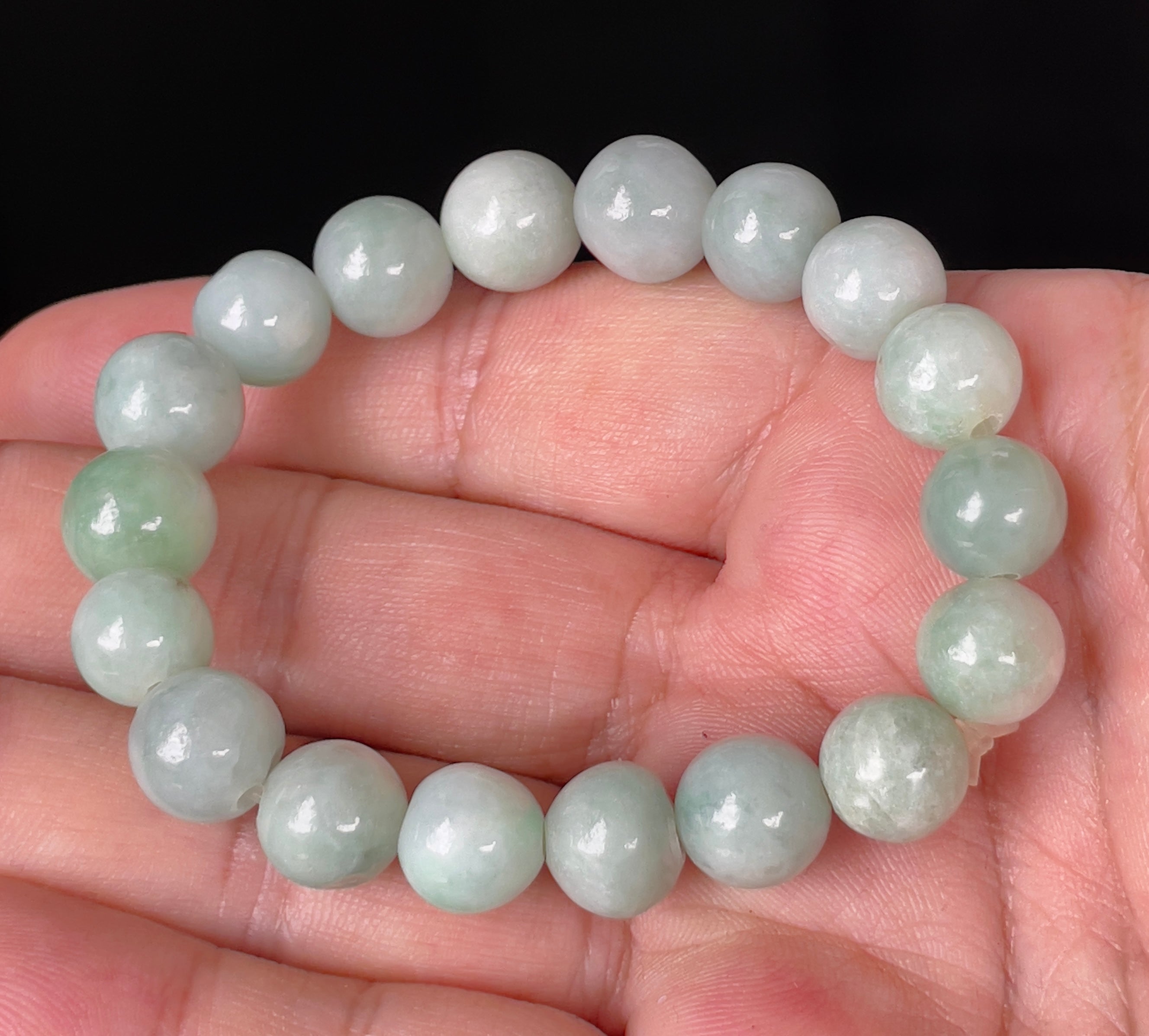 Natural Grade A Burmese Jadeite Jade Beaded Bracelet – Bluish Apple Green – Hand-Shaped Round Beads – 10.5mm – JBB136