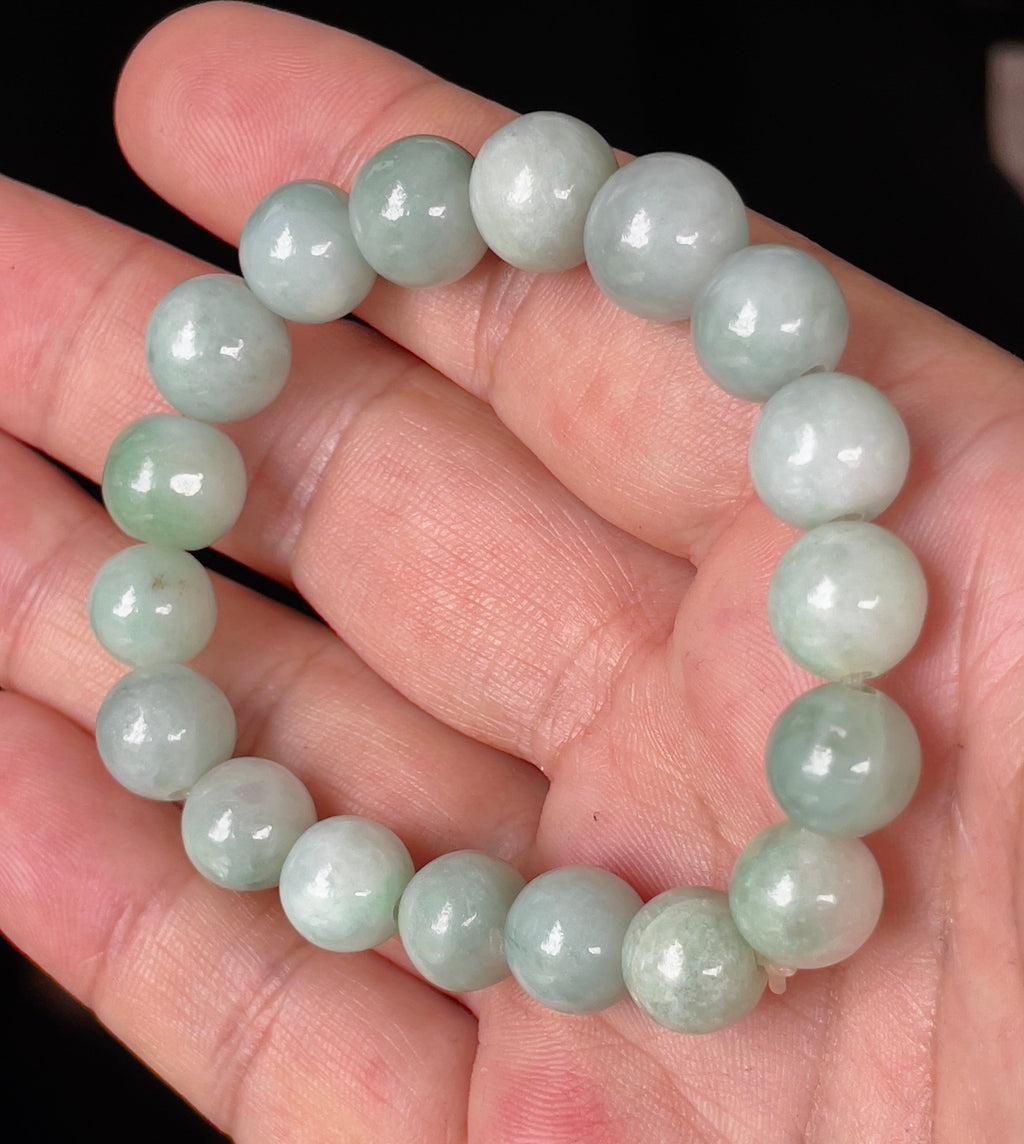 Natural Grade A Burmese Jadeite Jade Beaded Bracelet – Bluish Apple Green – Hand-Shaped Round Beads – 10.5mm – JBB136