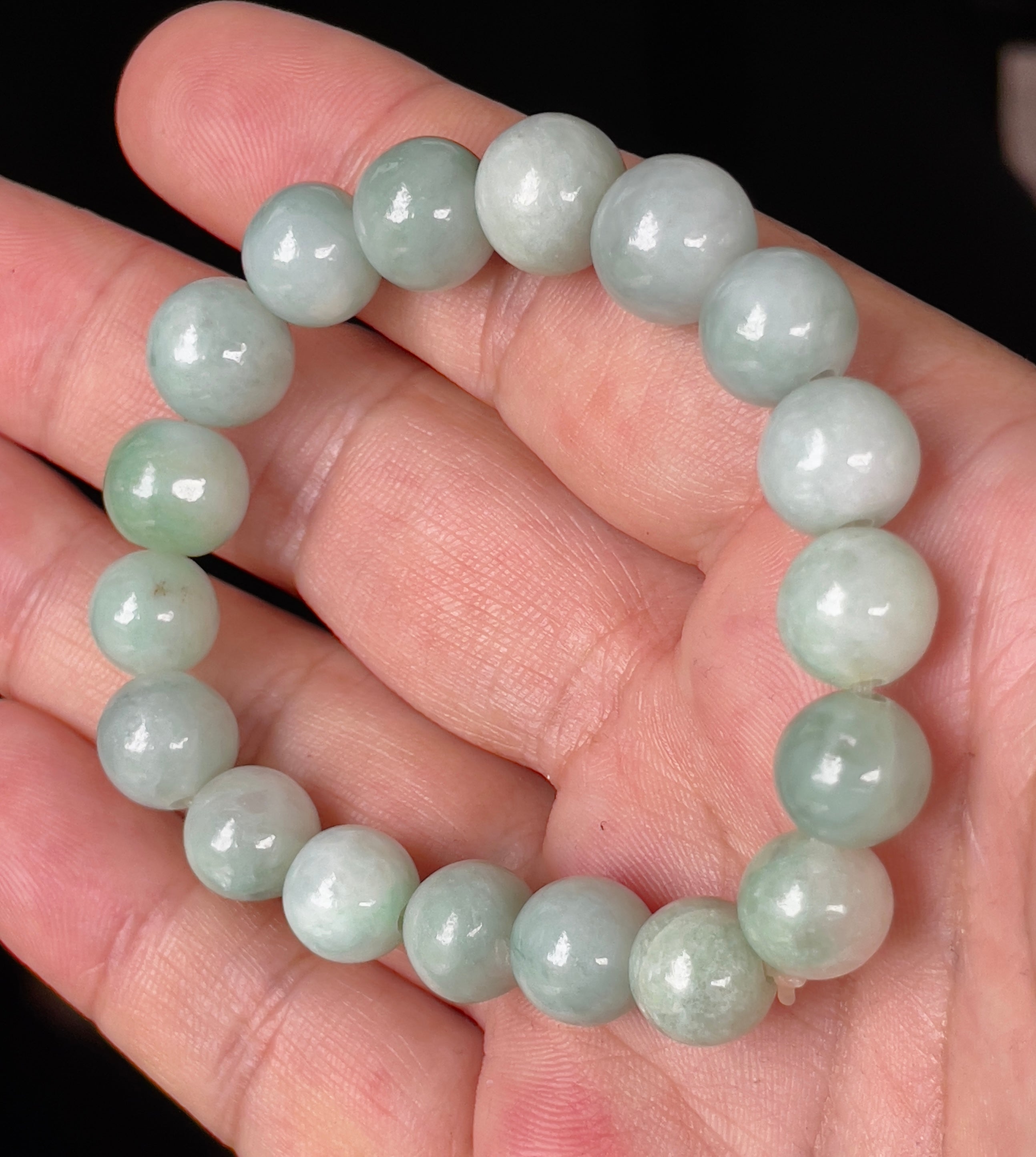 Natural Grade A Burmese Jadeite Jade Beaded Bracelet – Bluish Apple Green – Hand-Shaped Round Beads – 10.5mm – JBB136