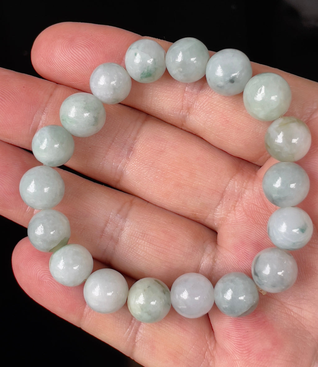 Natural Grade A Burmese Jadeite Jade Beaded Bracelet – Icy Apple & Imperial Green – Hand-Shaped Round Beads – 10.4mm – JBB139