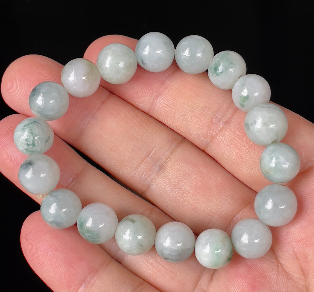 Natural Grade A Burmese Jadeite Jade Beaded Bracelet – Icy Apple & Imperial Green – Hand-Shaped Round Beads – 10.4mm – JBB139