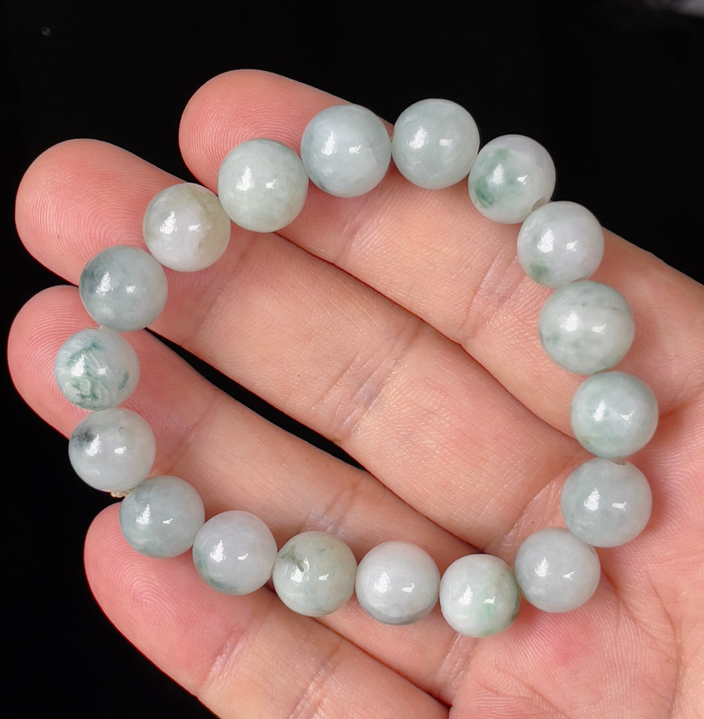 Natural Grade A Burmese Jadeite Jade Beaded Bracelet – Icy Apple & Imperial Green – Hand-Shaped Round Beads – 10.4mm – JBB139