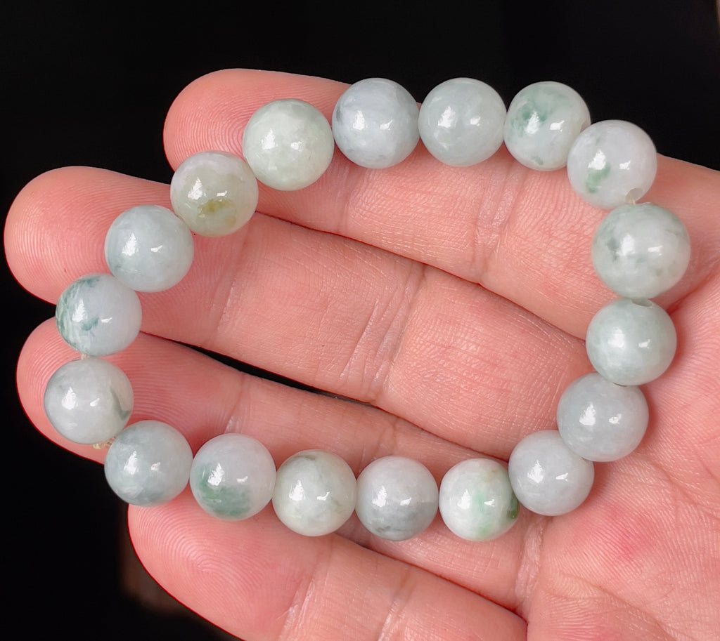 Natural Grade A Burmese Jadeite Jade Beaded Bracelet – Icy Apple & Imperial Green – Hand-Shaped Round Beads – 10.4mm – JBB139