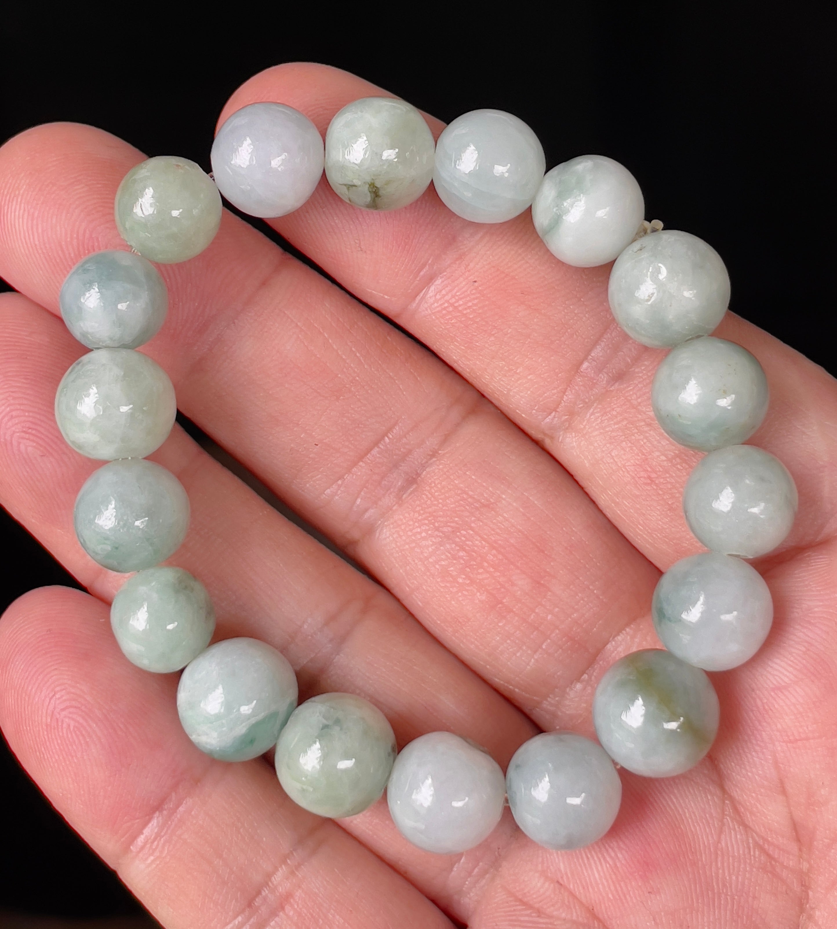 Natural Grade A Burmese Jadeite Jade Beaded Bracelet – Imperial Green, Apple Green & Milky White – Hand-Shaped Round Beads – 10.6mm – JBB143