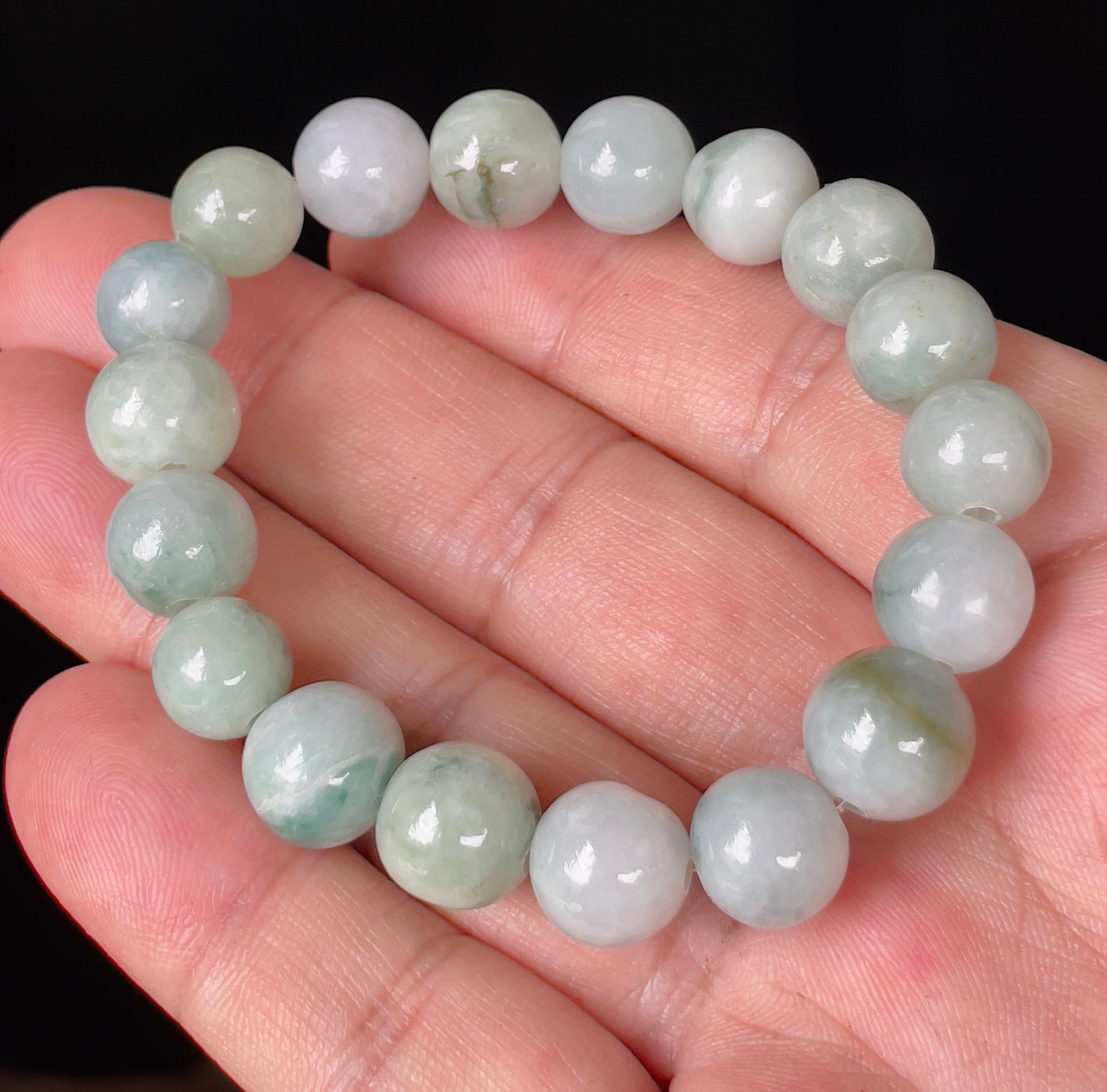 Natural Grade A Burmese Jadeite Jade Beaded Bracelet – Imperial Green, Apple Green & Milky White – Hand-Shaped Round Beads – 10.6mm – JBB143