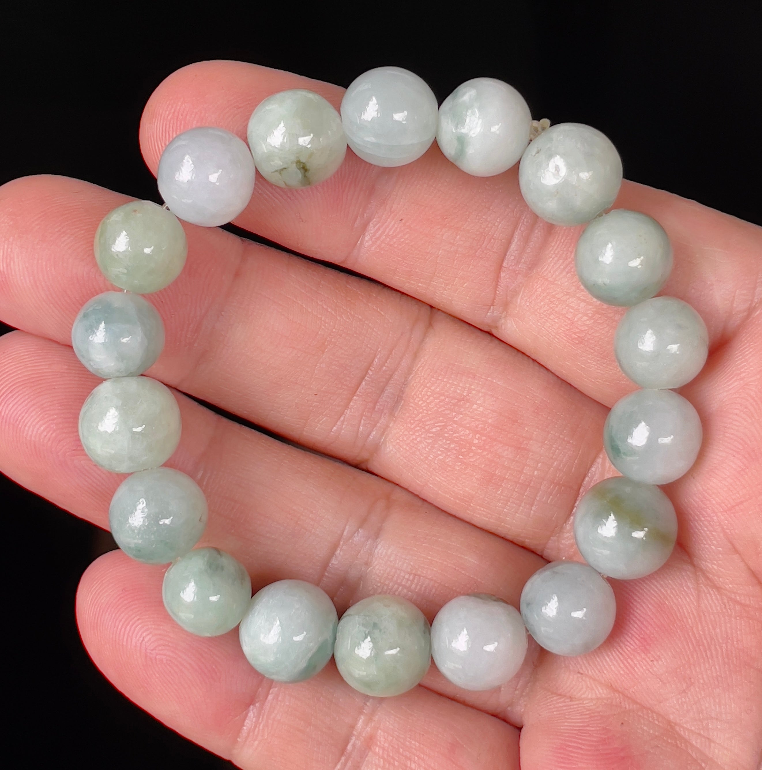 Natural Grade A Burmese Jadeite Jade Beaded Bracelet – Imperial Green, Apple Green & Milky White – Hand-Shaped Round Beads – 10.6mm – JBB143