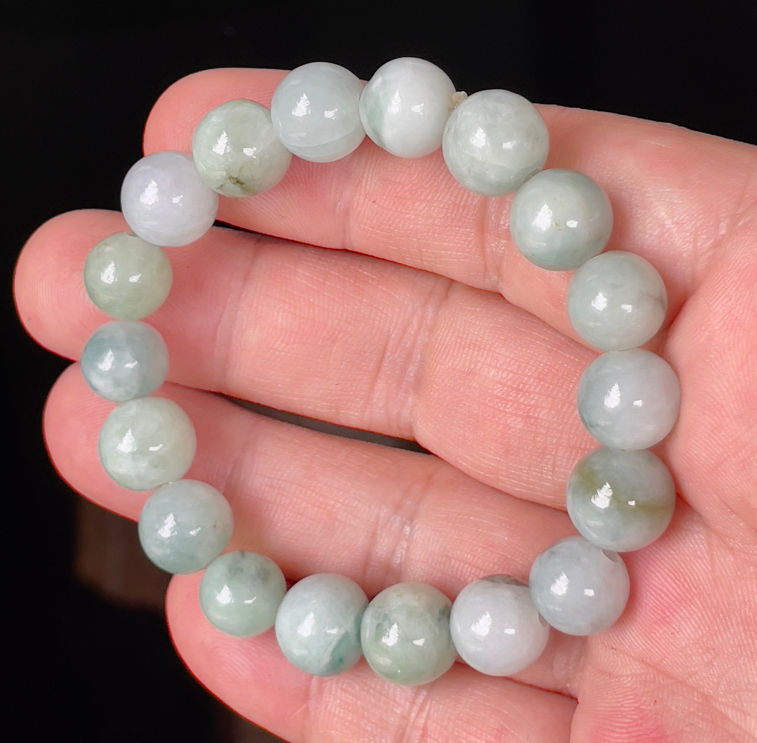 Natural Grade A Burmese Jadeite Jade Beaded Bracelet – Imperial Green, Apple Green & Milky White – Hand-Shaped Round Beads – 10.6mm – JBB143