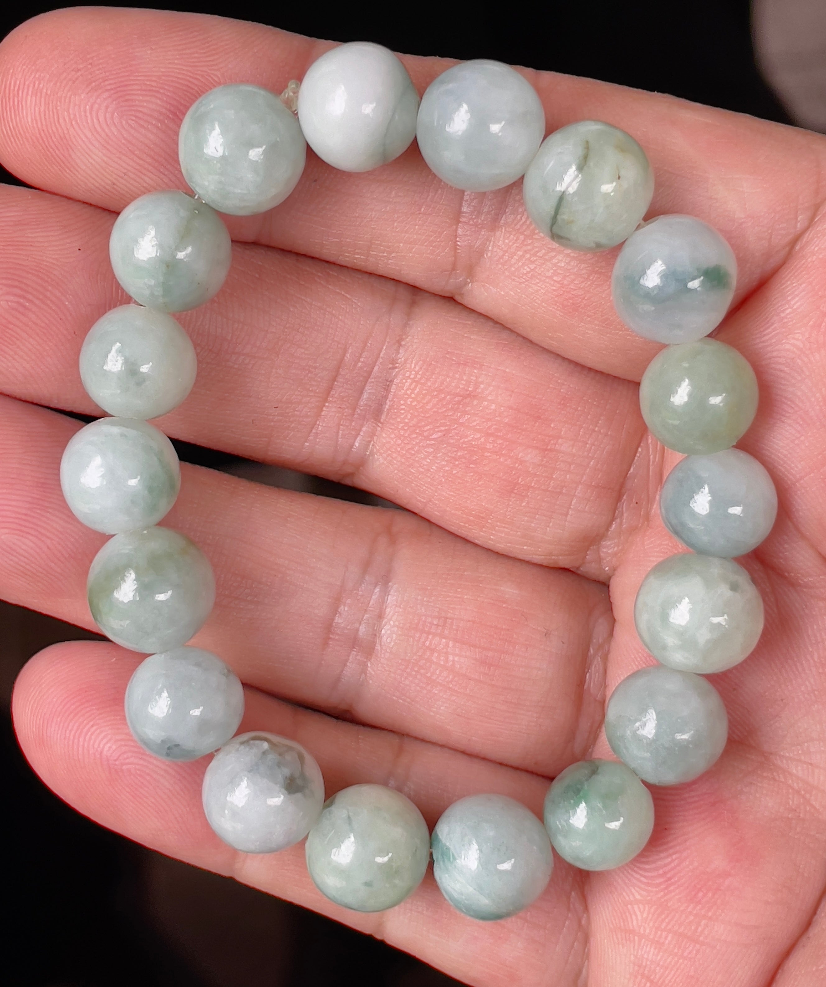 Natural Grade A Burmese Jadeite Jade Beaded Bracelet – Imperial Green, Apple Green & Milky White – Hand-Shaped Round Beads – 10.6mm – JBB143