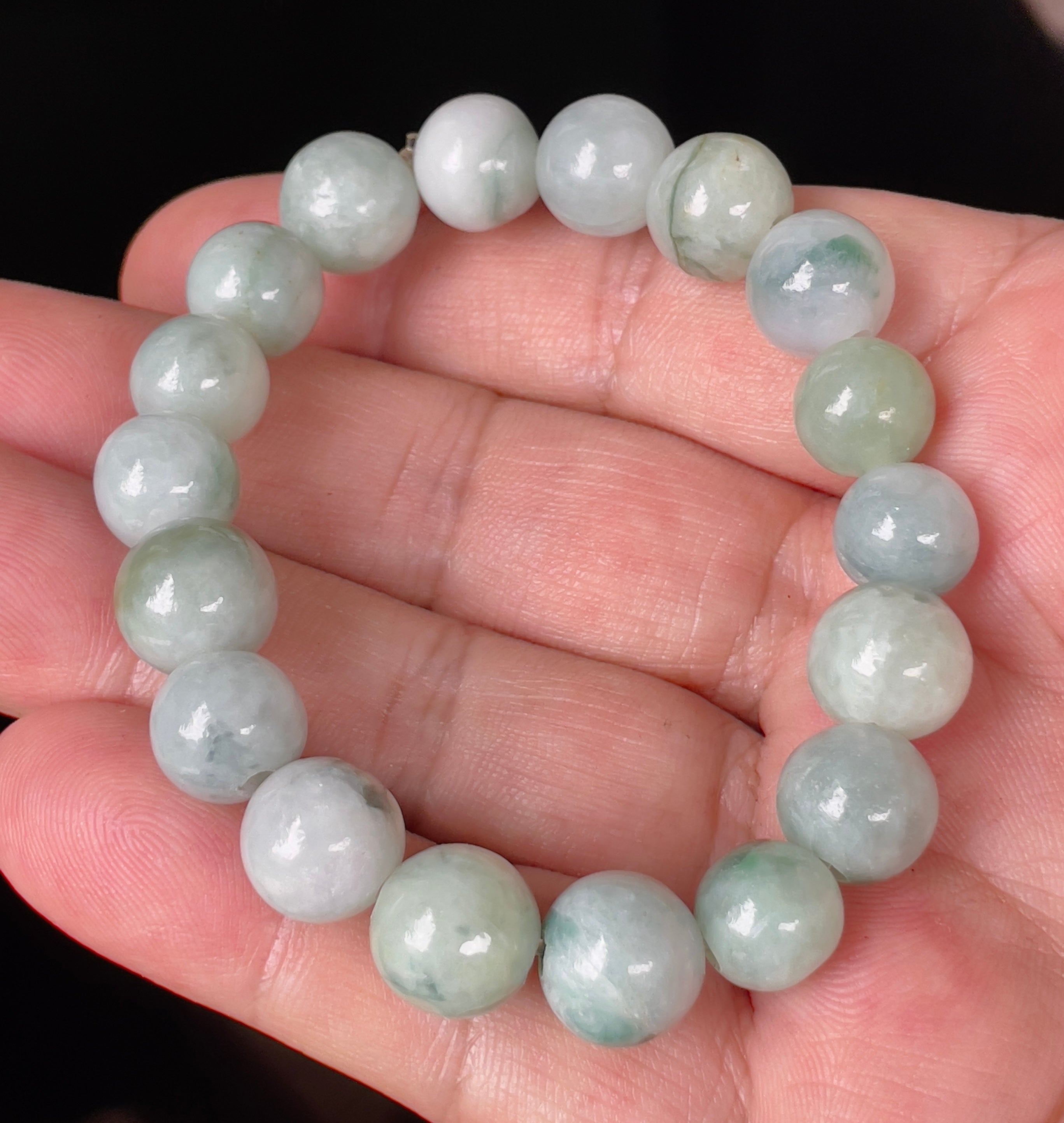 Natural Grade A Burmese Jadeite Jade Beaded Bracelet – Imperial Green, Apple Green & Milky White – Hand-Shaped Round Beads – 10.6mm – JBB143