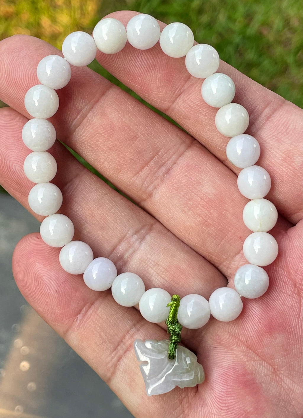 Natural Grade A Burmese Jadeite Jade Beaded Bracelet – Milky White, Light Lavender hues – Hand-Carved Tiger Pendant – 8mm – JBB177