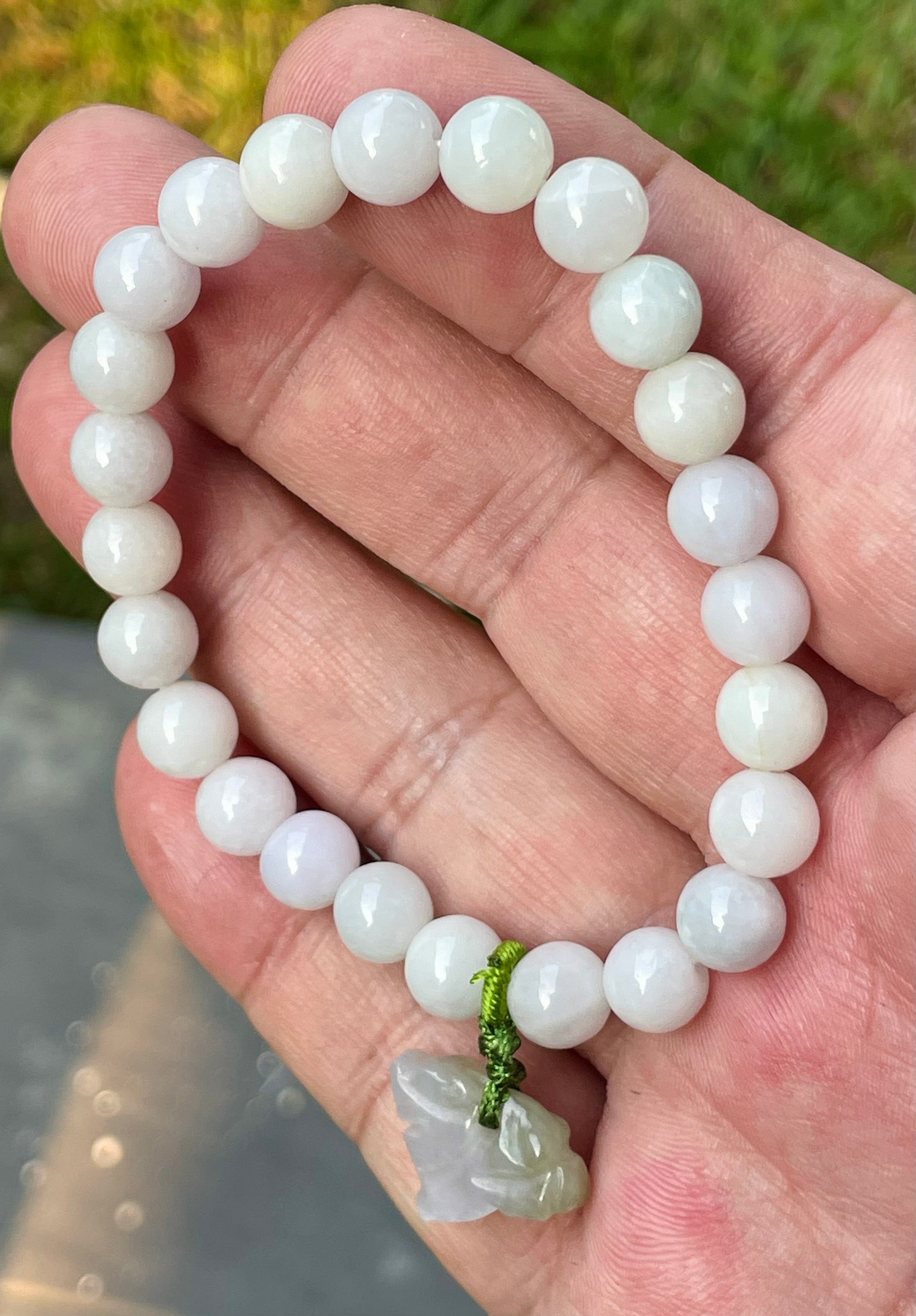 Natural Grade A Burmese Jadeite Jade Beaded Bracelet – Milky White, Light Lavender hues – Hand-Carved Tiger Pendant – 8mm – JBB177