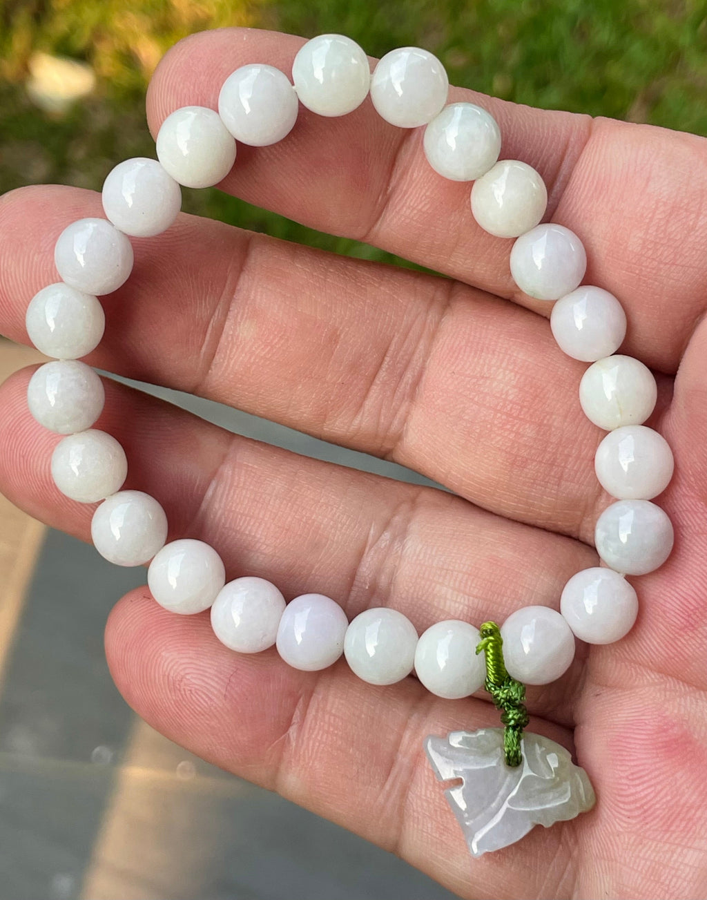 Natural Grade A Burmese Jadeite Jade Beaded Bracelet – Milky White, Light Lavender hues – Hand-Carved Tiger Pendant – 8mm – JBB177