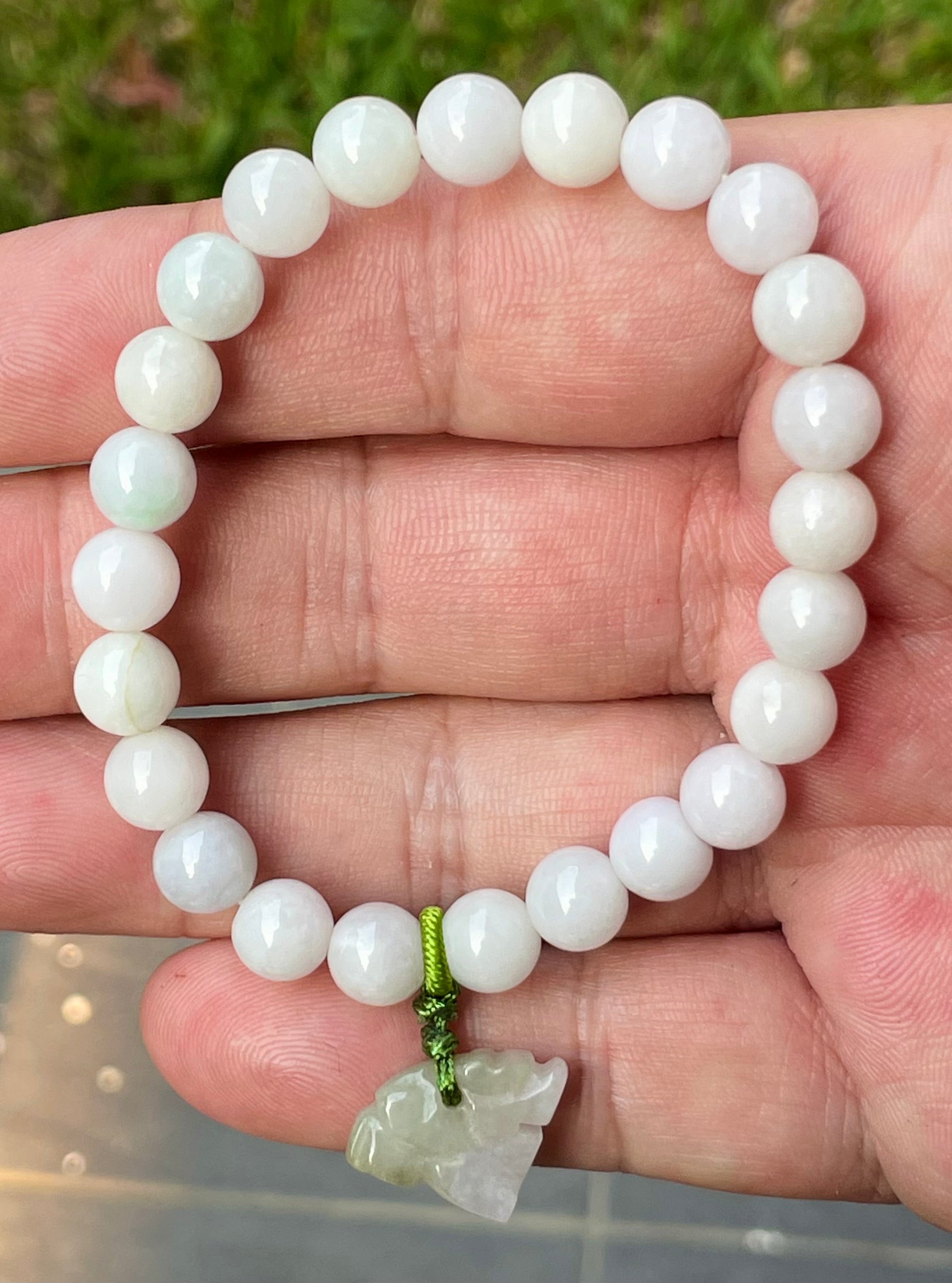 Natural Grade A Burmese Jadeite Jade Beaded Bracelet – Milky White, Light Lavender hues – Hand-Carved Tiger Pendant – 8mm – JBB177