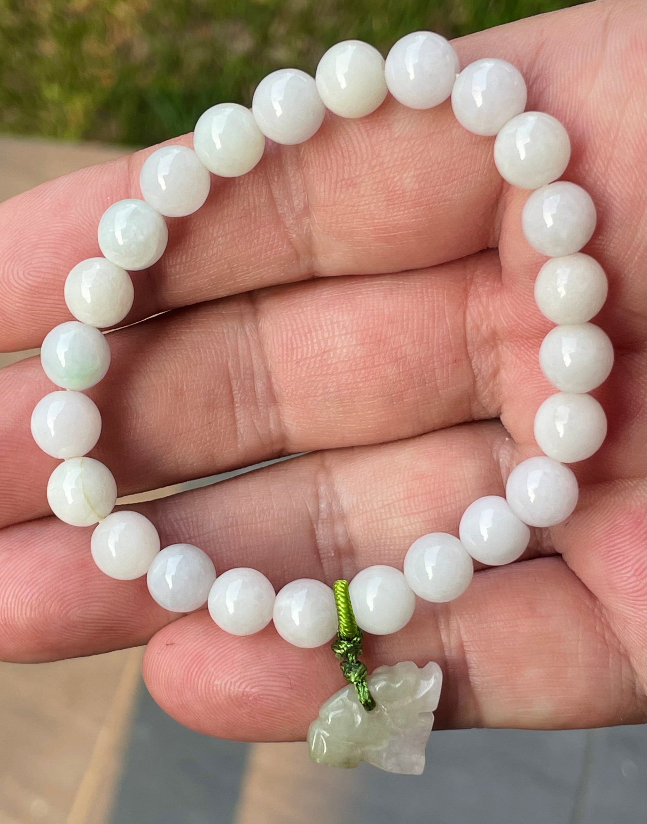 Natural Grade A Burmese Jadeite Jade Beaded Bracelet – Milky White, Light Lavender hues – Hand-Carved Tiger Pendant – 8mm – JBB177