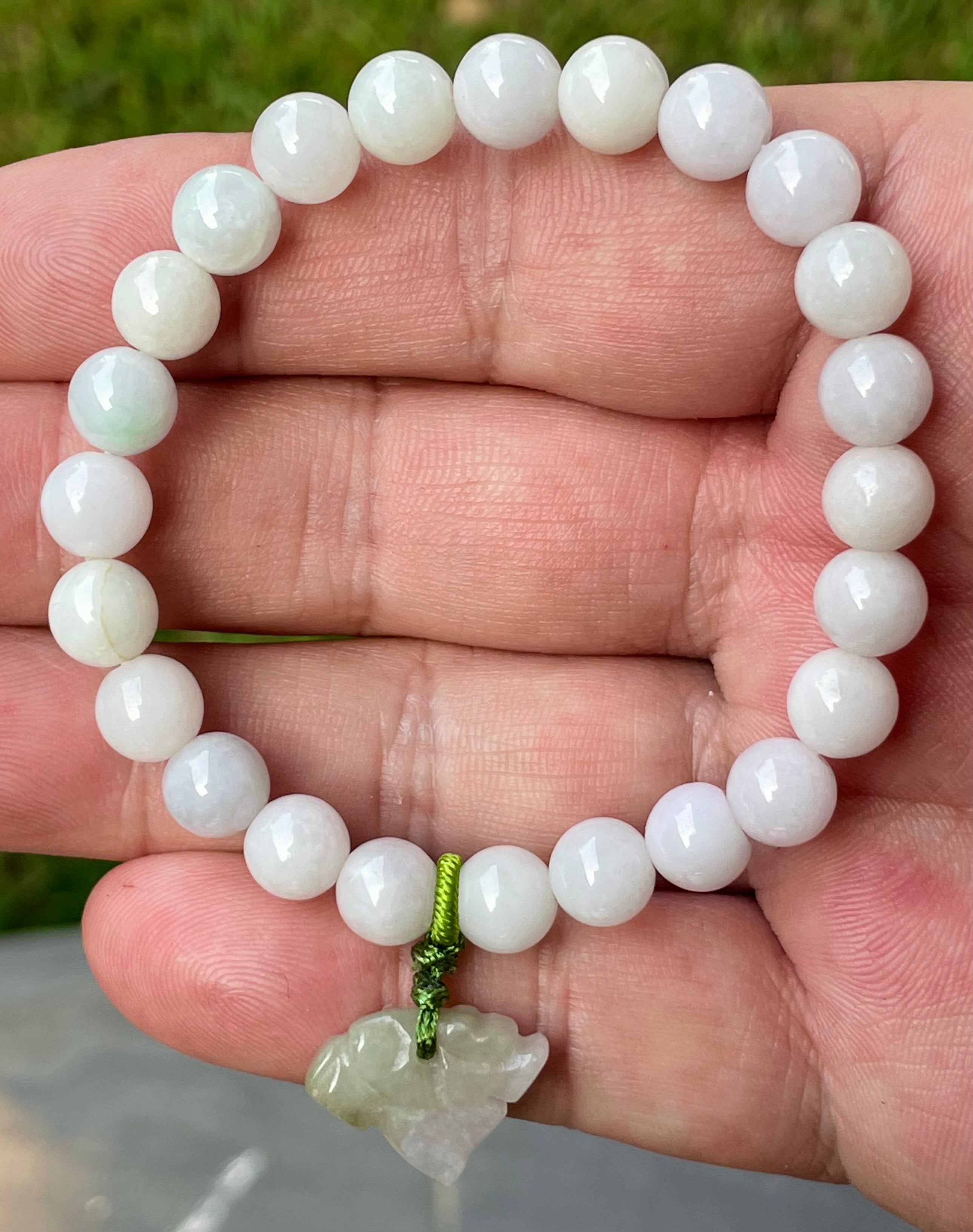 Natural Grade A Burmese Jadeite Jade Beaded Bracelet – Milky White, Light Lavender hues – Hand-Carved Tiger Pendant – 8mm – JBB177