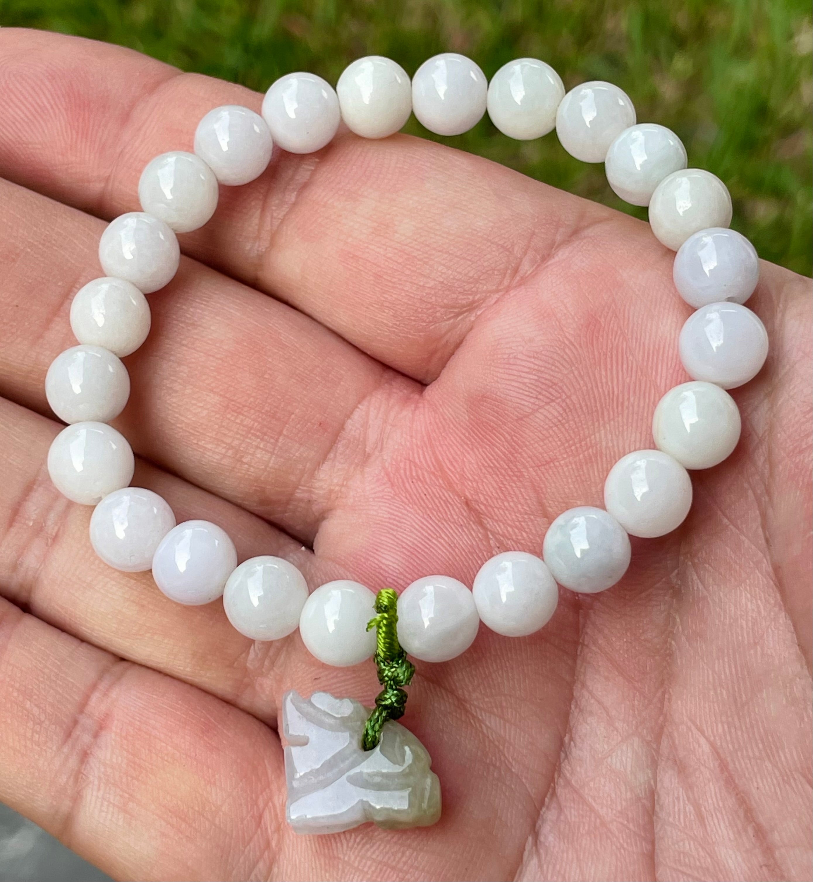 Natural Grade A Burmese Jadeite Jade Beaded Bracelet – Milky White, Light Lavender hues – Hand-Carved Tiger Pendant – 8mm – JBB177