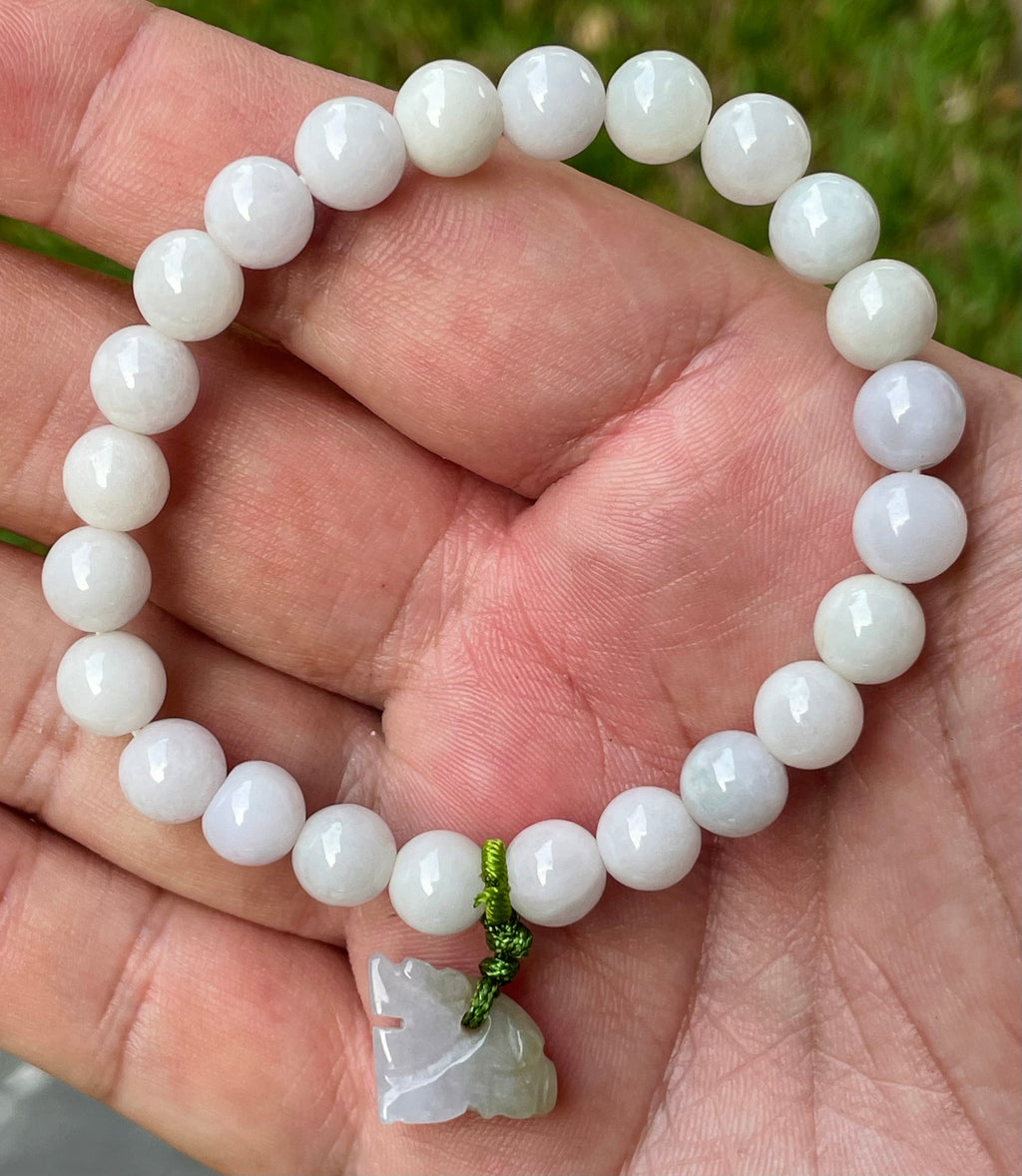 Natural Grade A Burmese Jadeite Jade Beaded Bracelet – Milky White, Light Lavender hues – Hand-Carved Tiger Pendant – 8mm – JBB177