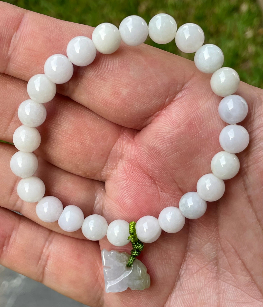 Natural Grade A Burmese Jadeite Jade Beaded Bracelet – Milky White, Light Lavender hues – Hand-Carved Tiger Pendant – 8mm – JBB177