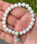 Natural Grade A Burmese Jadeite Jade Beaded Bracelet – Milky White, Light Lavender hues – Hand-Carved Tiger Pendant – 8mm – JBB177