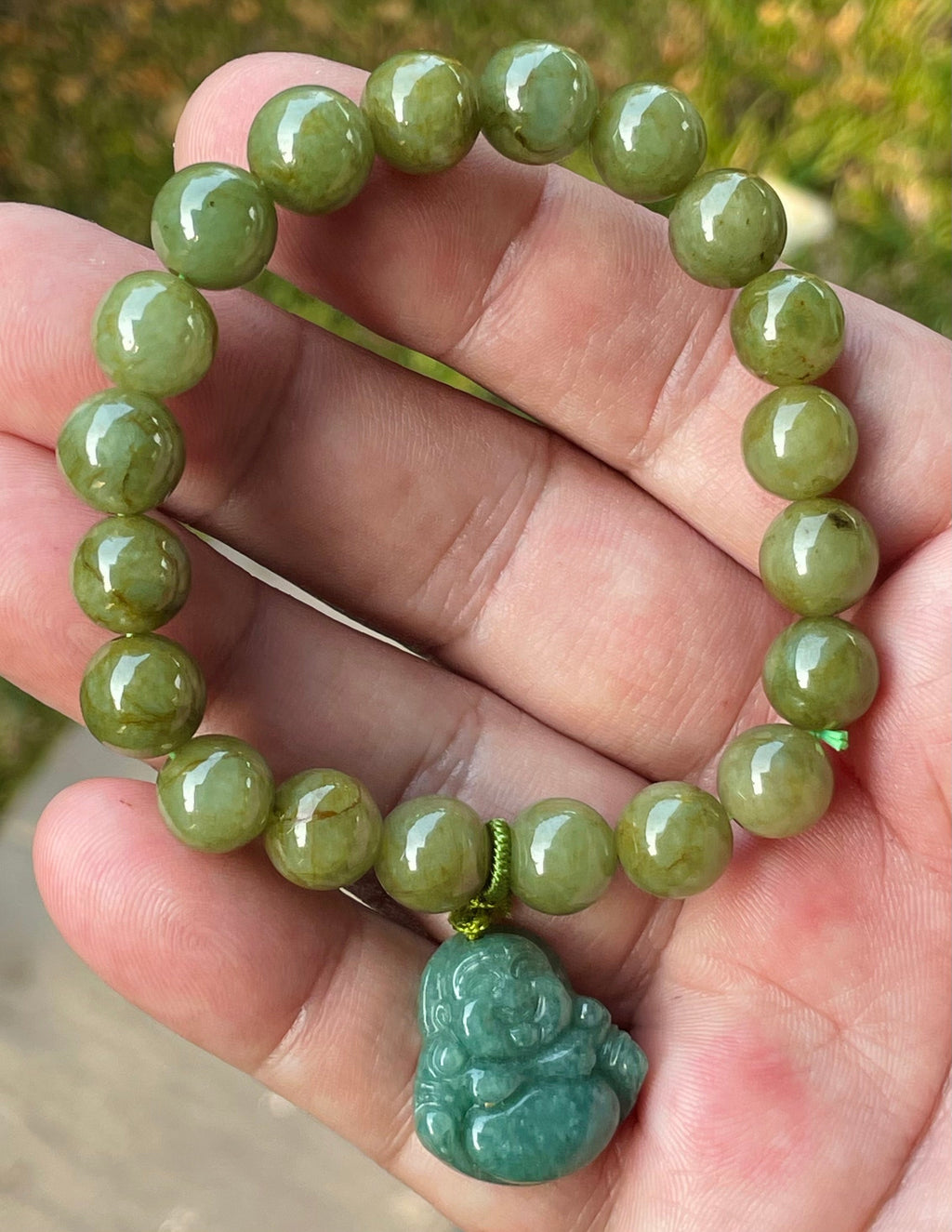 Natural BurmesenBurmese Jadeite Jade Beaded Bracelet – Olive Green – Hand-Carved Laughing Buddha Pendant – 9mm – JBB179