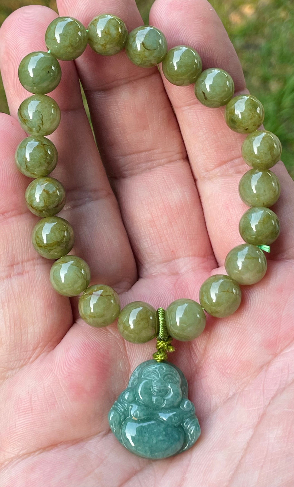 Natural BurmesenBurmese Jadeite Jade Beaded Bracelet – Olive Green – Hand-Carved Laughing Buddha Pendant – 9mm – JBB179