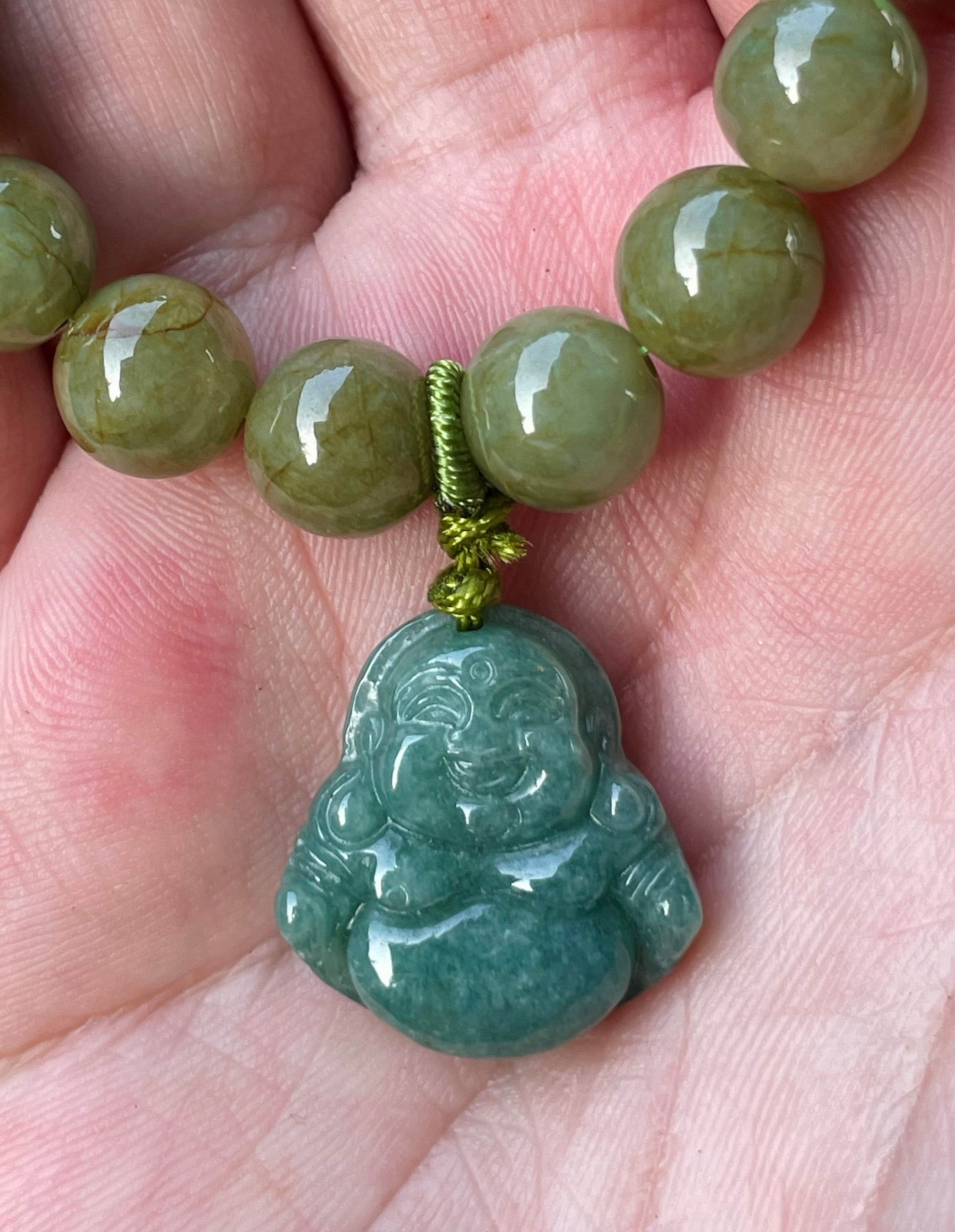 Natural BurmesenBurmese Jadeite Jade Beaded Bracelet – Olive Green – Hand-Carved Laughing Buddha Pendant – 9mm – JBB179