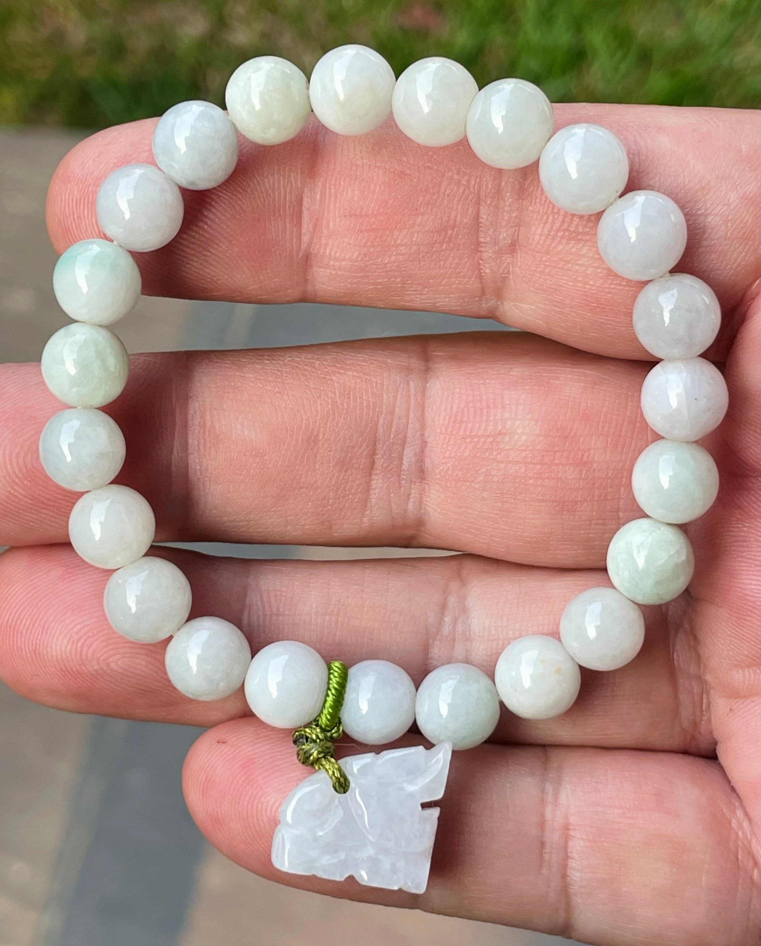 Natural Grade A Burmese Jadeite Jade Beaded Bracelet – Milky White, Faint Apple Green – Hand-Carved Tiger Pendant – 8mm – JBB180
