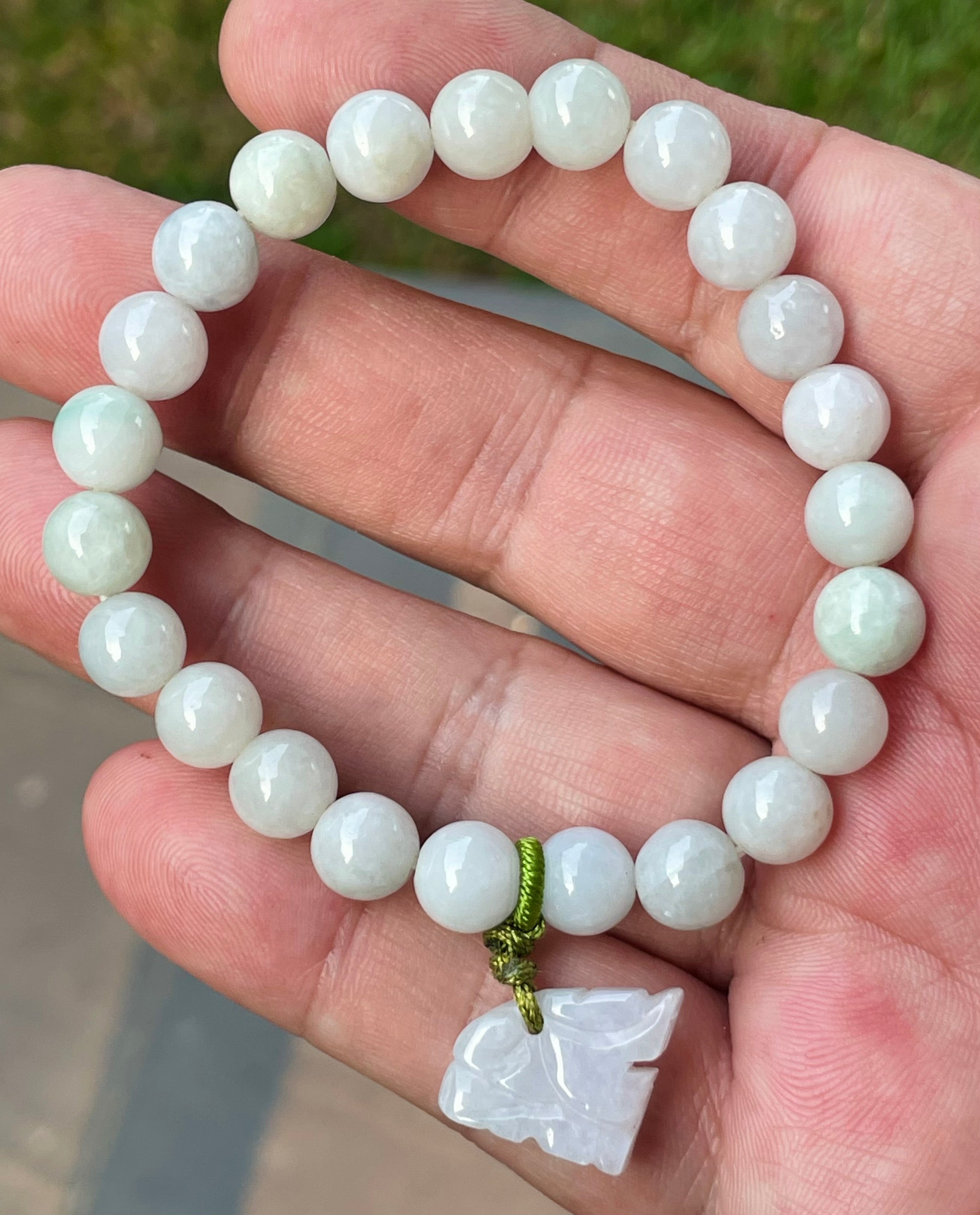 Natural Grade A Burmese Jadeite Jade Beaded Bracelet – Milky White, Faint Apple Green – Hand-Carved Tiger Pendant – 8mm – JBB180